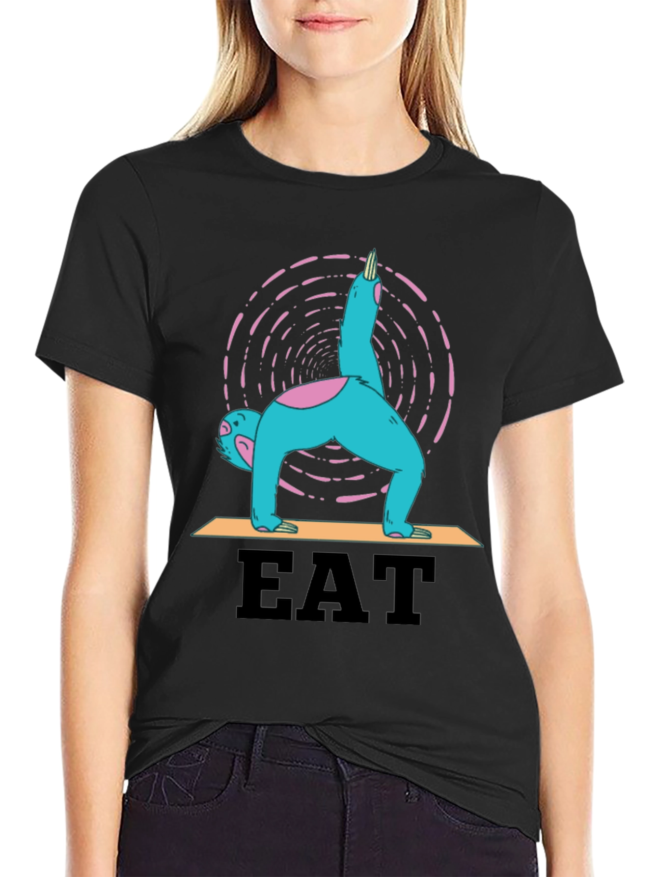 Black Yoga Sloth Eat T-Shirt - Relaxed Fit Tee view 2