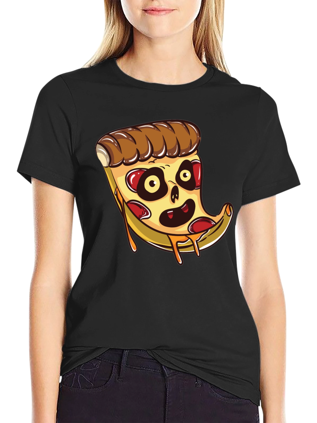 Black Zombie Pizza Slice Graphic Tee - Black Cotton T-Shirt view 2