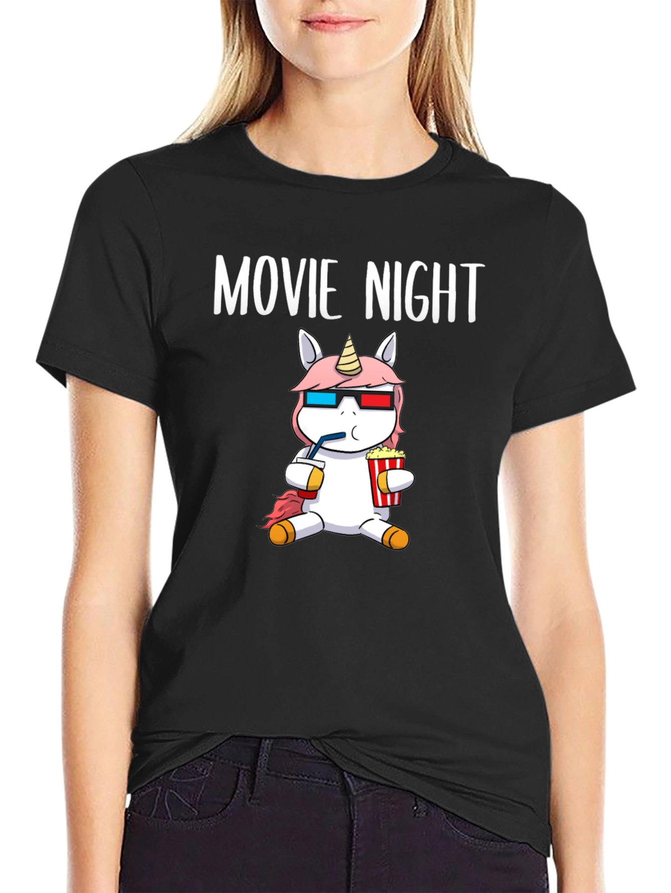Black Movie Night Unicorn T-Shirt view 2