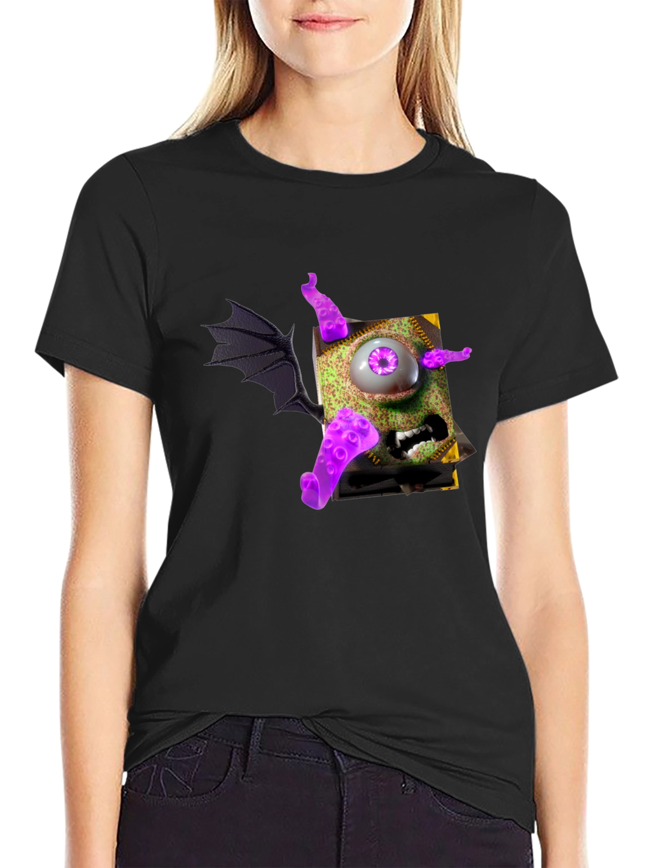 Black Monster Book T-Shirt - Purple Eye Tentacles Wing view 2