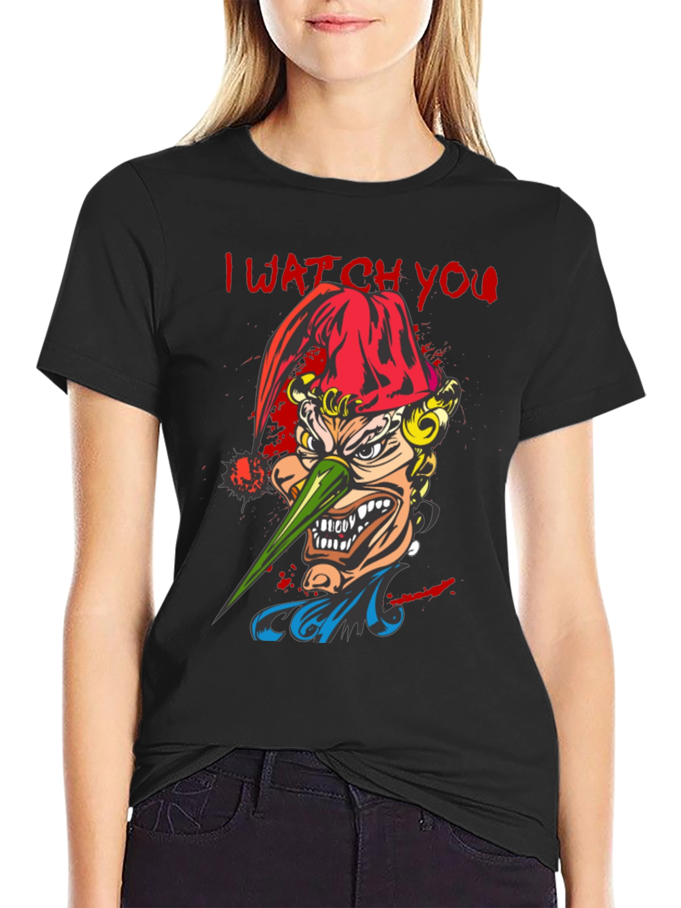 Black Men's "I Watch You" Graphic Tee - Spooky Clown Design view 2