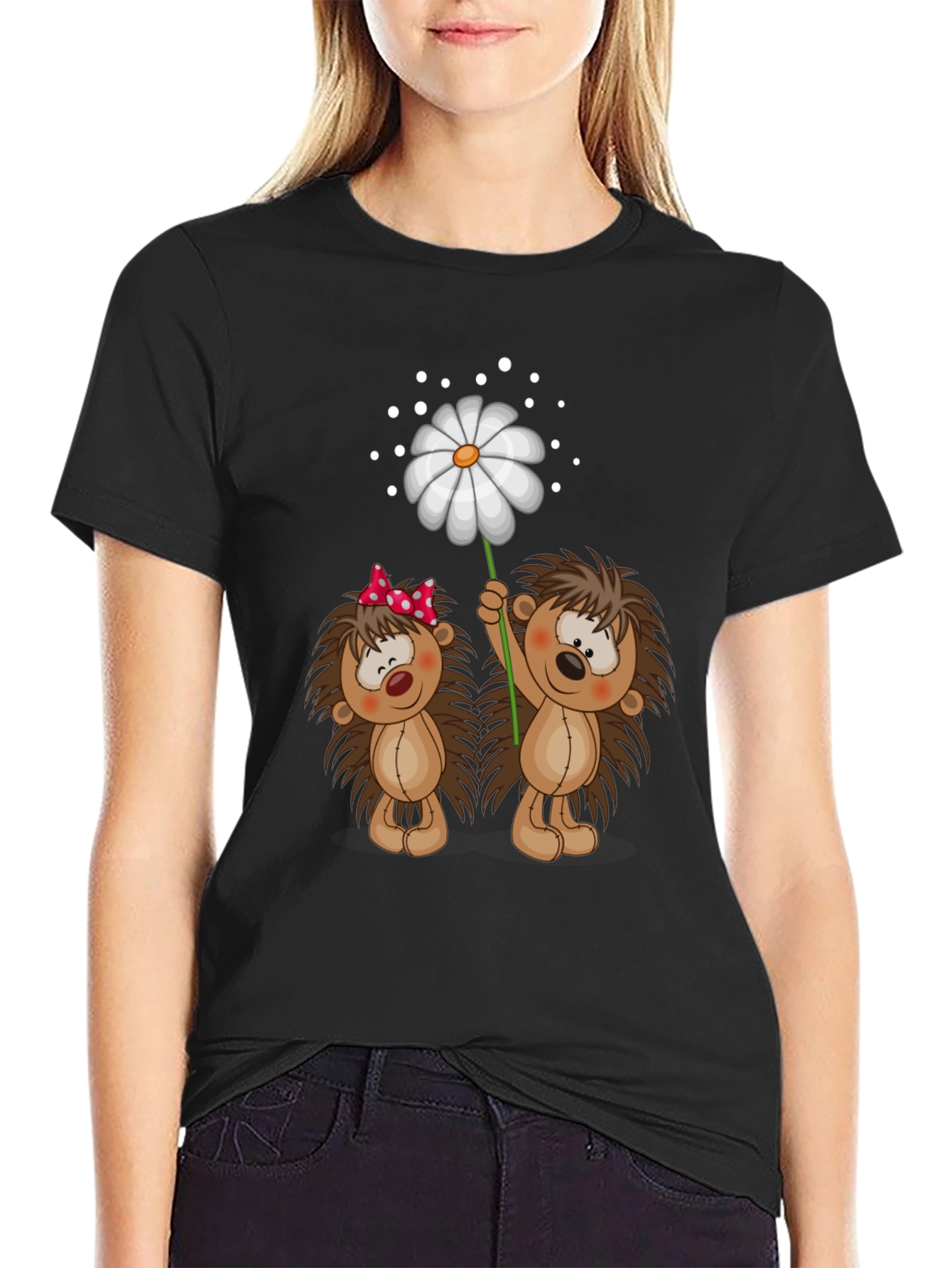 Black Cute Hedgehog & Daisy Graphic Black T-Shirt view 2