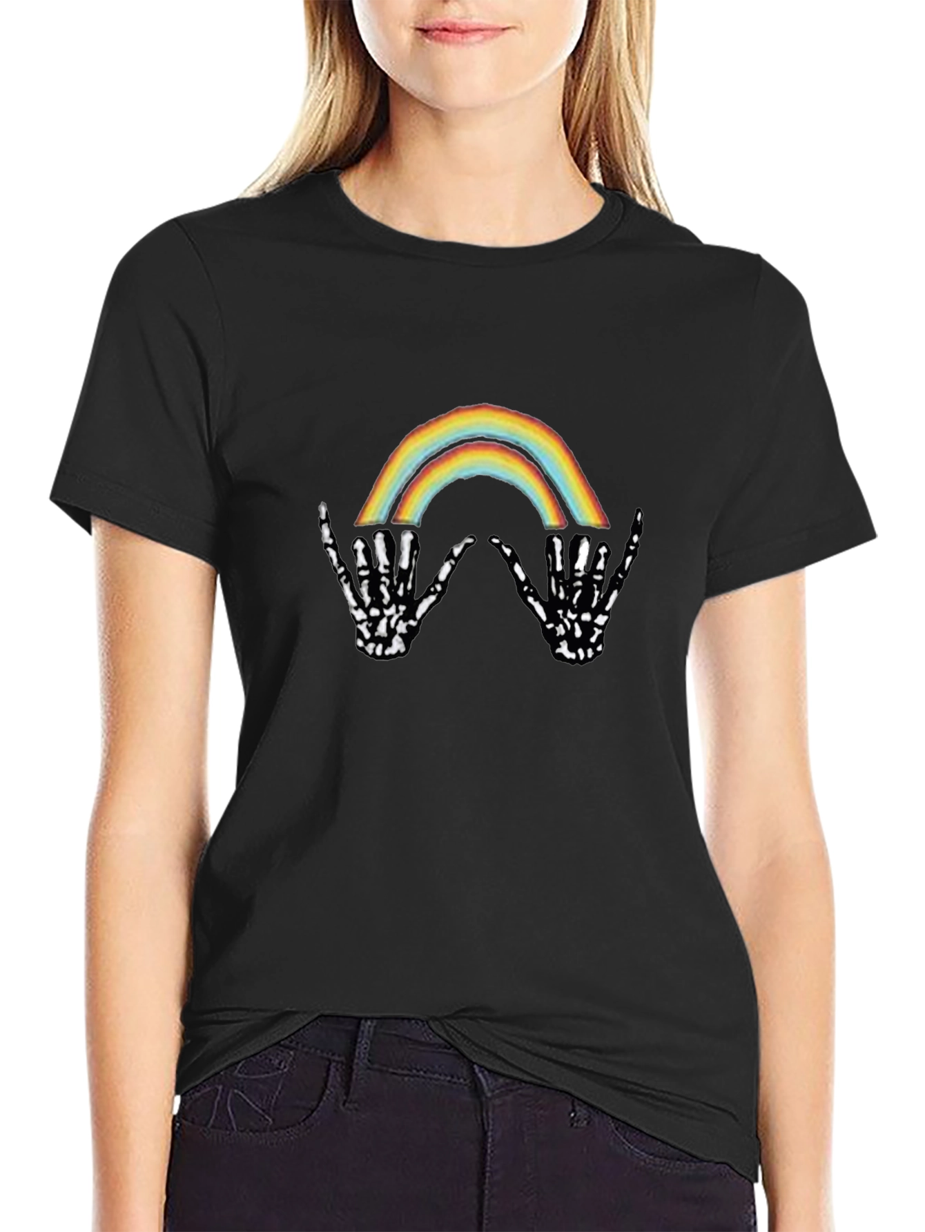 Black Rainbow Skeleton Hand Graphic Tee - Black view 2