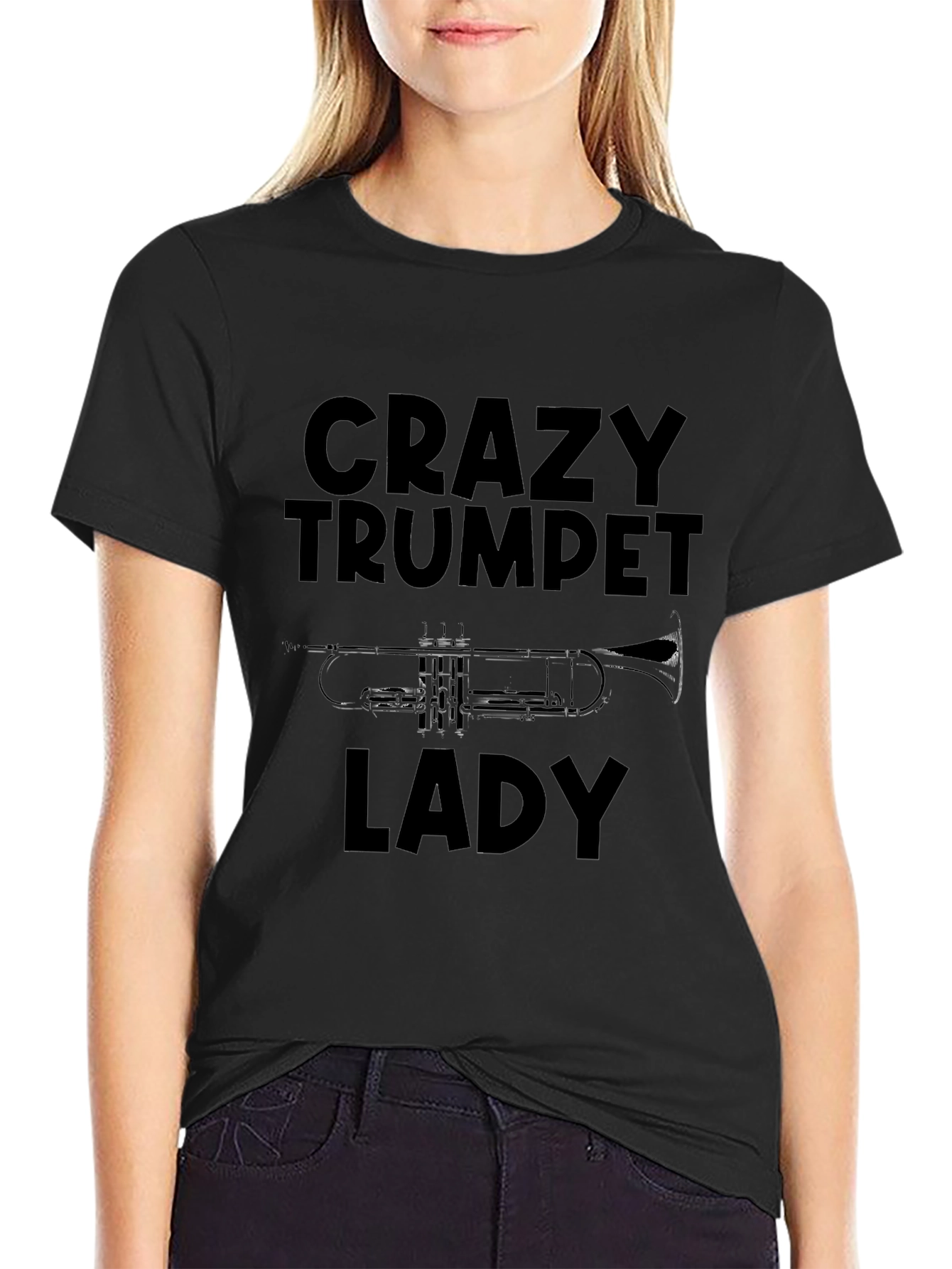 Black Crazy Trumpet Lady T-Shirt view 2