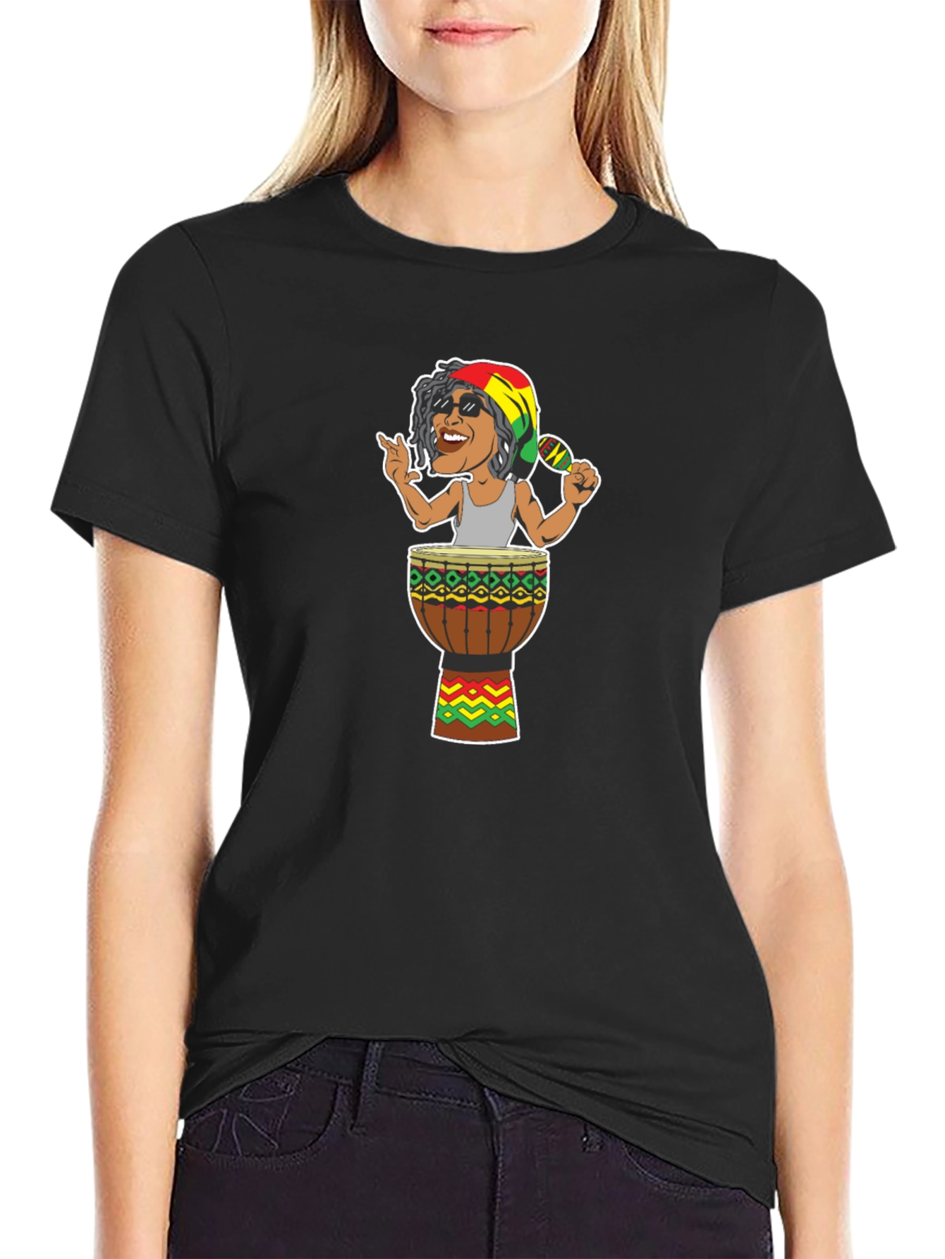 Black Reggae Drummer Graphic Tee - Music Inspired T-Shirt view 2