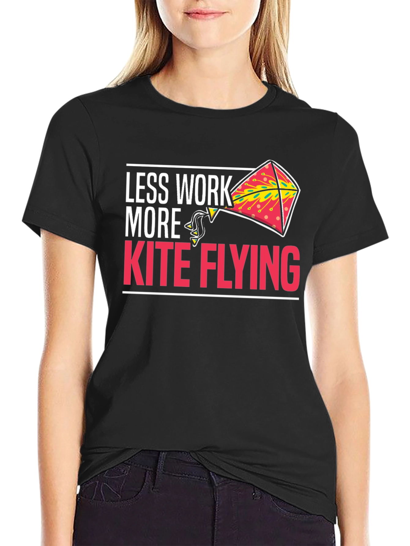 Black Less Work More Kite Flying Black Graphic Tee view 2
