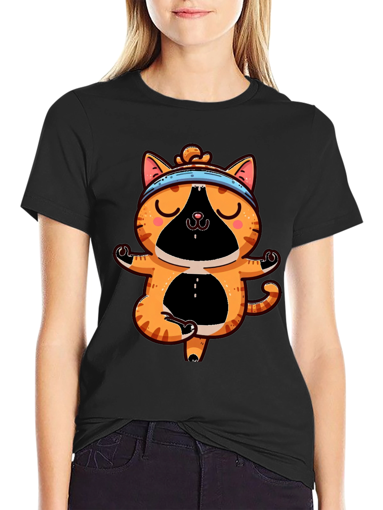 Black Yoga Cat T-Shirt - Meditating Feline Tee view 2