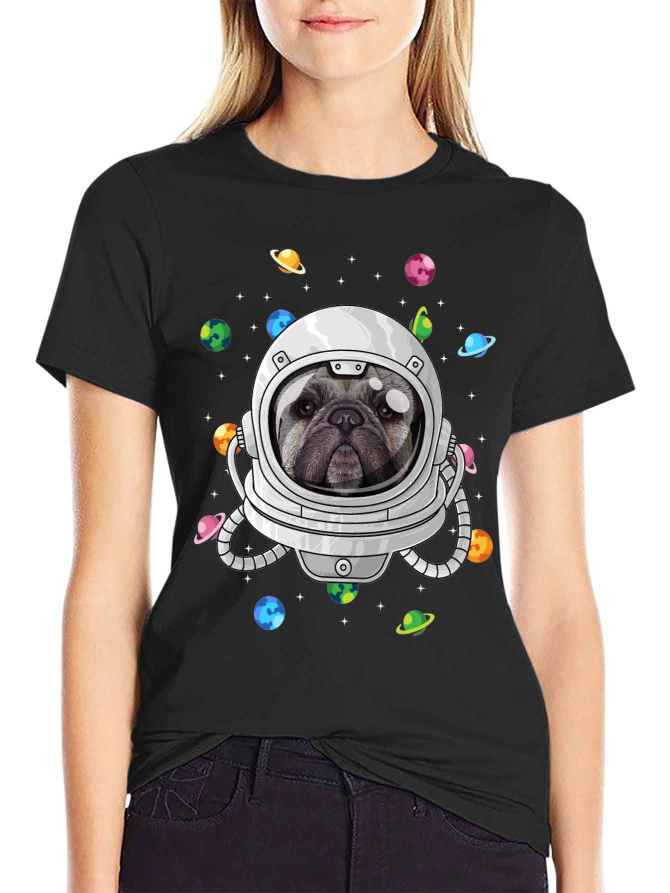 Black Pug Astronaut T-Shirt - Galaxy Dog Space Tee view 2