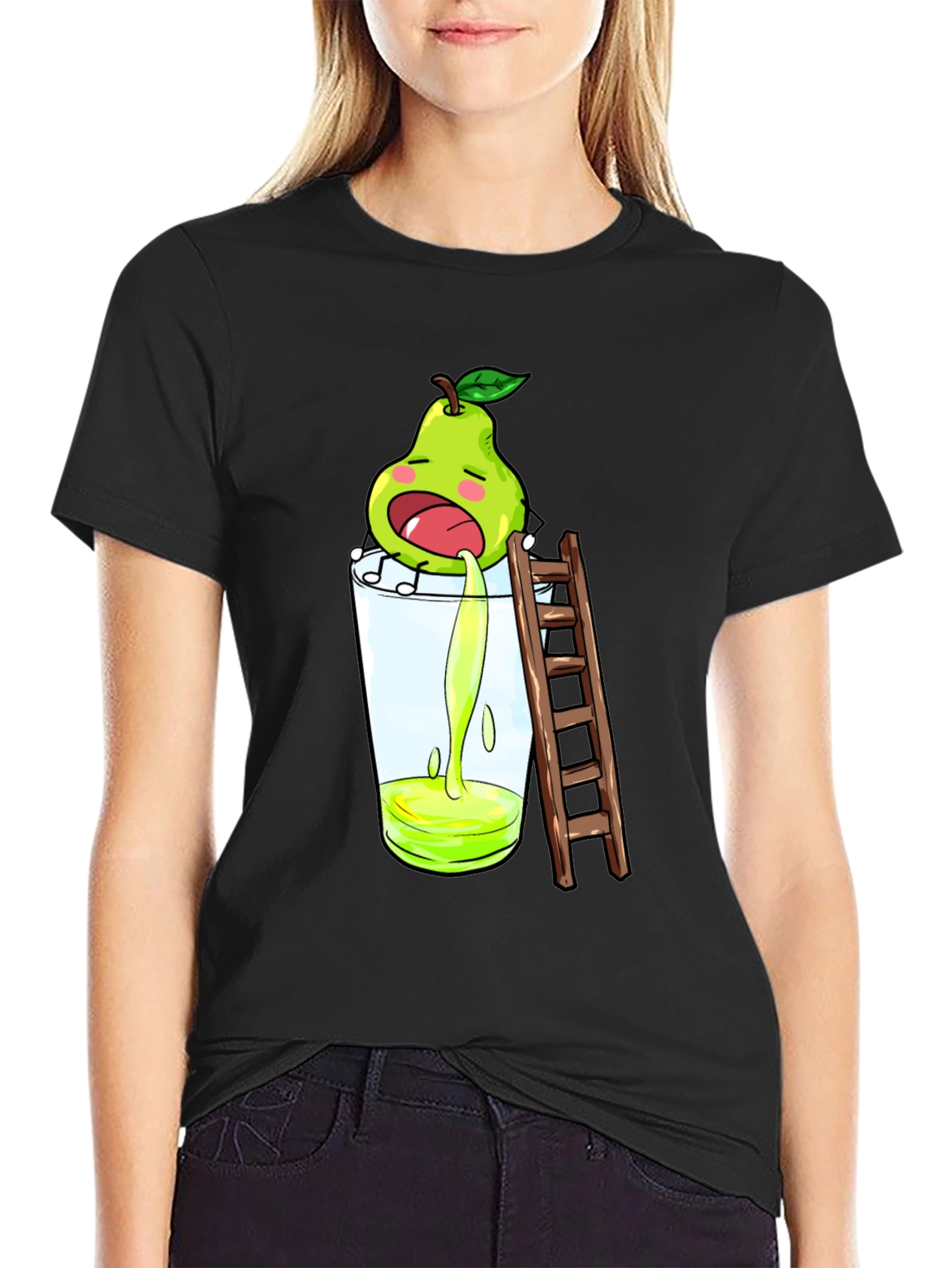 Black Funny Pear Juice Cartoon Black T-Shirt view 2