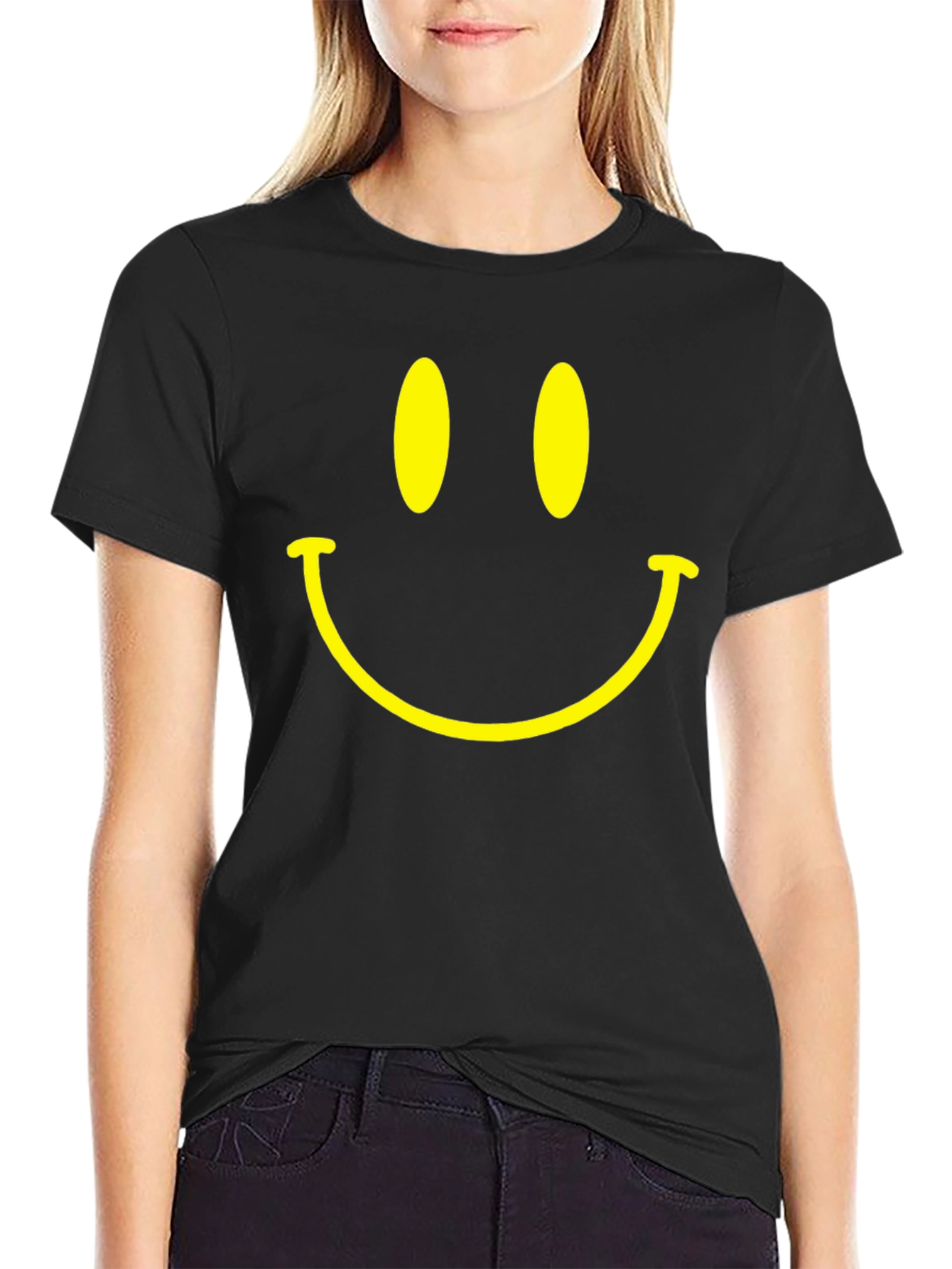 Black Smiley Face Graphic T-Shirt - Classic Happy Design view 2