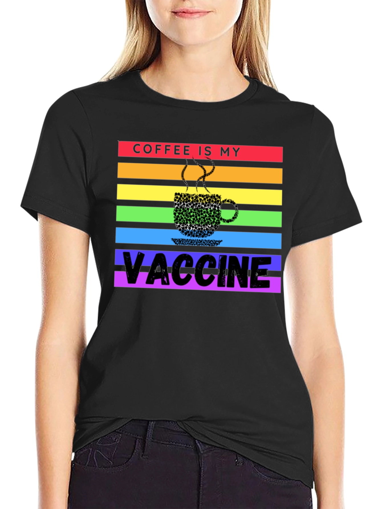 Black Coffee is My Vaccine Rainbow T-Shirt view 2