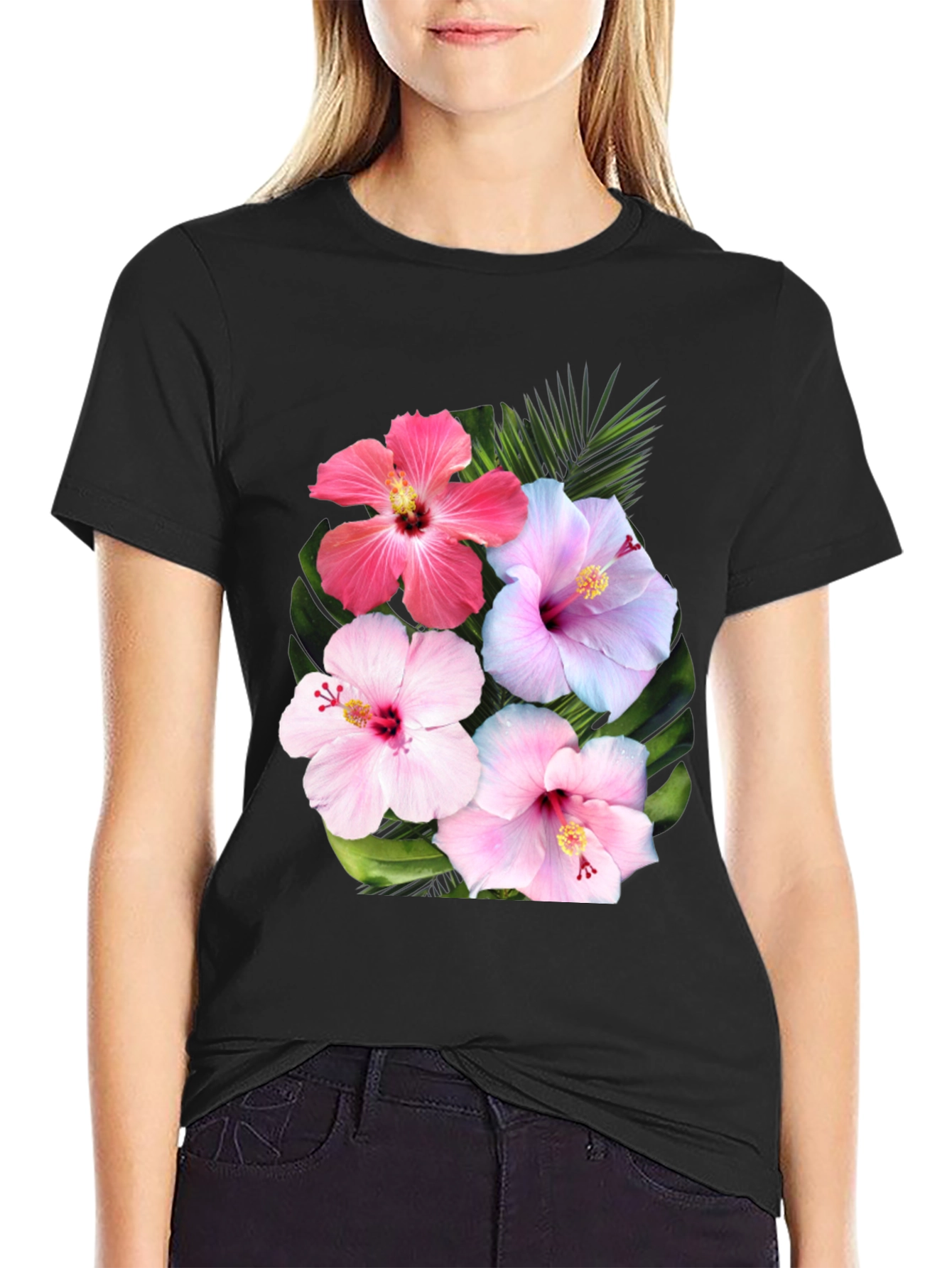 Black Floral Hibiscus Graphic T-Shirt view 2
