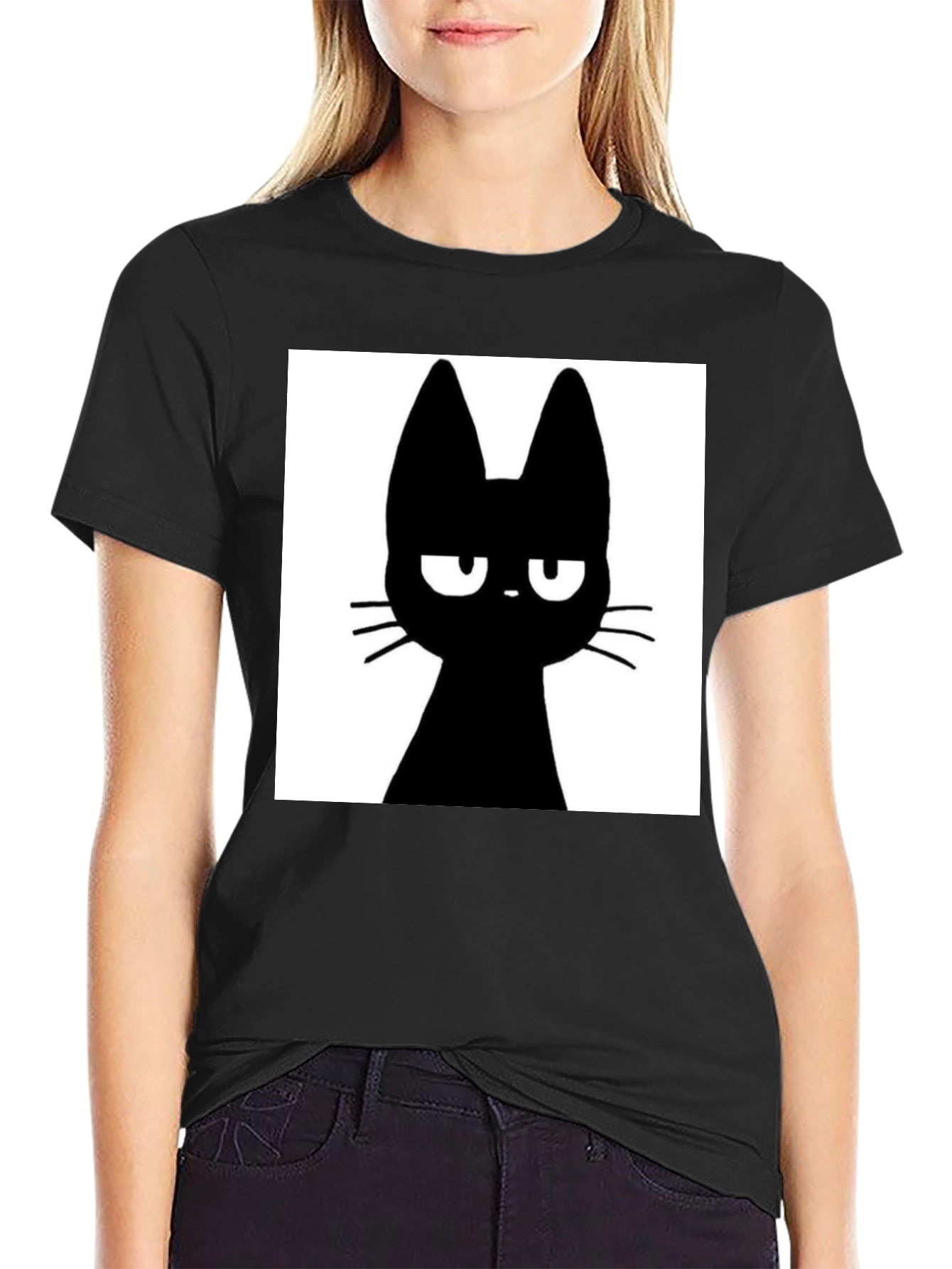 Black Grumpy Black Cat T-Shirt - Unisex Cotton Tee view 2
