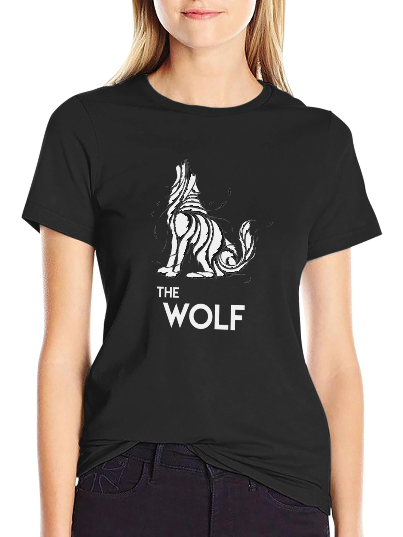 Black Tribal Wolf Graphic Tee - Black Cotton T-Shirt view 2