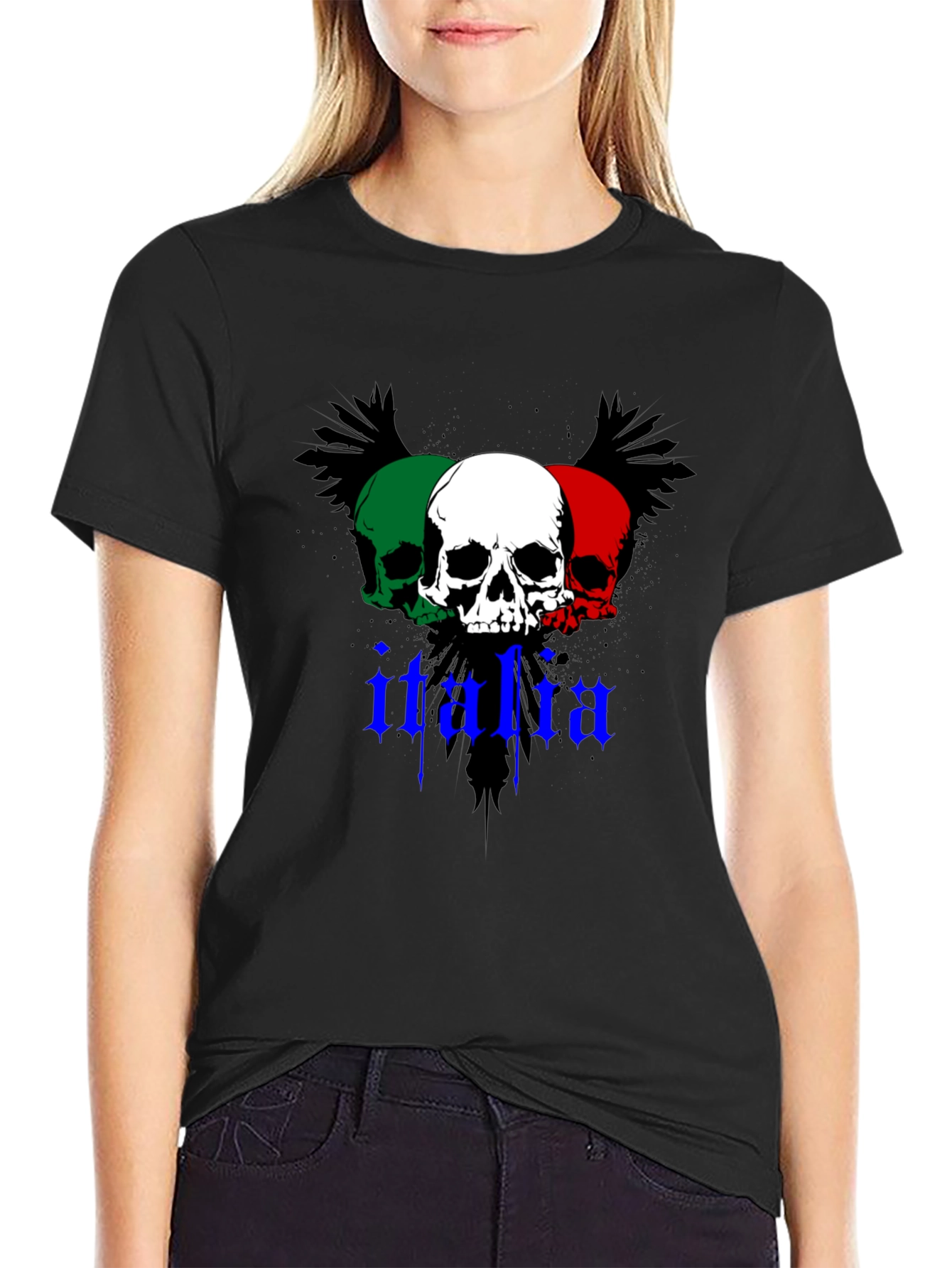 Black Italia Skull Graphic Tee - Black Crew Neck T-Shirt view 2