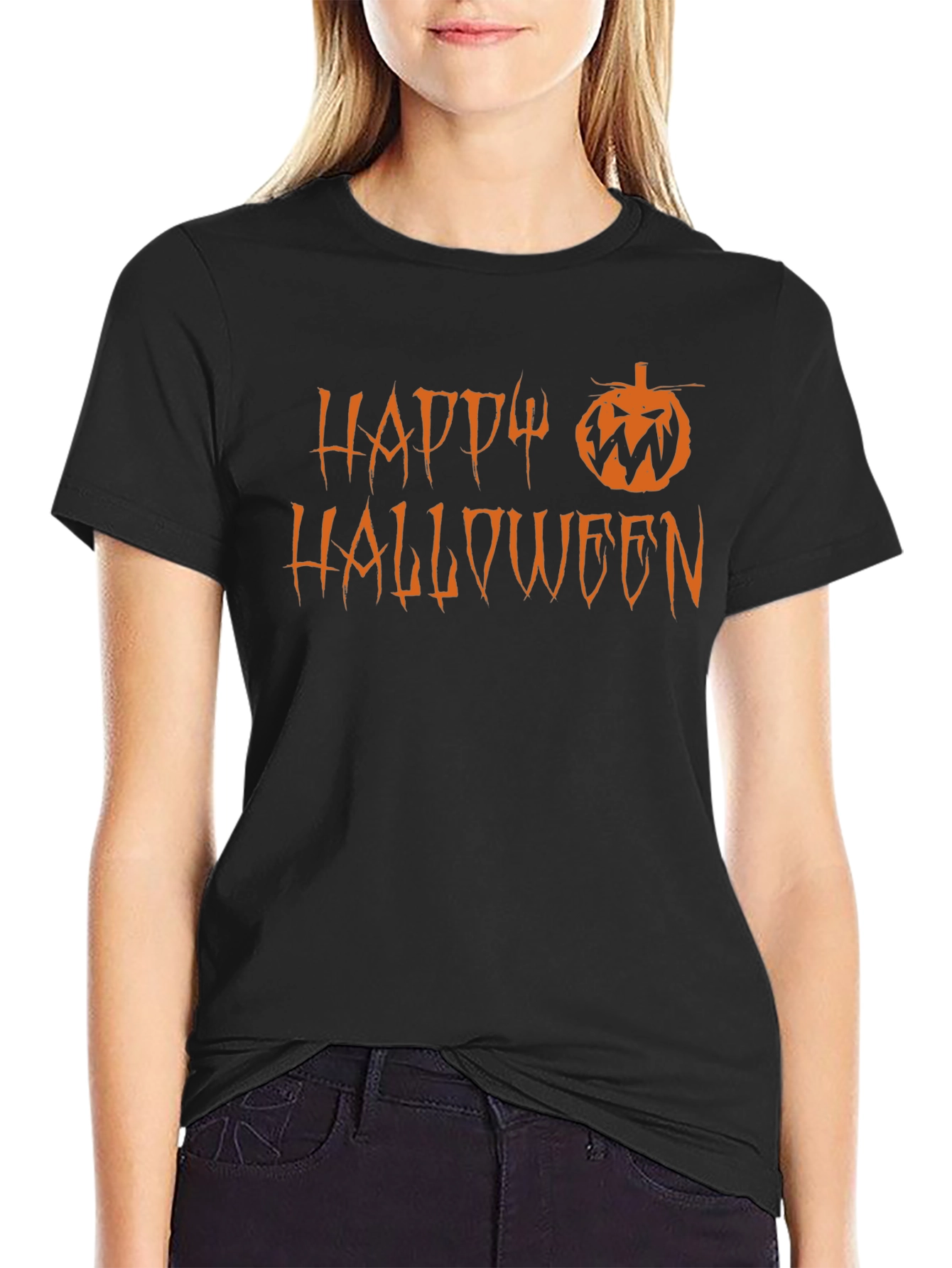 Black Happy Halloween T-Shirt - Pumpkin Design - Black Cotton Tee view 2