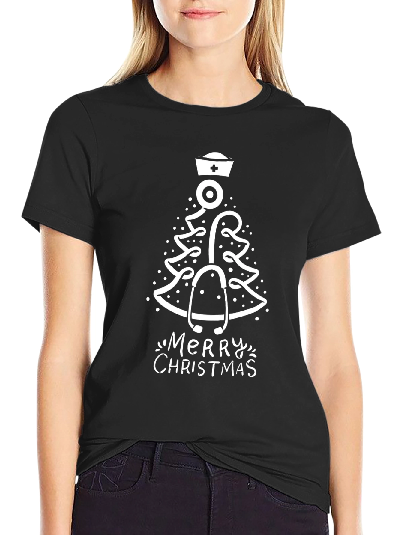 Black Nurse Christmas Tree Graphic Tee view 2
