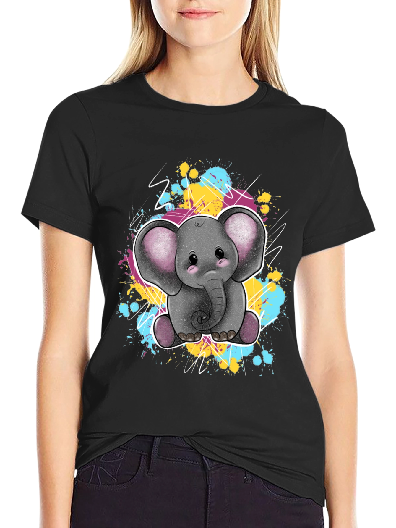 Black Cute Elephant Graphic Tee - Unisex Black T-Shirt view 2