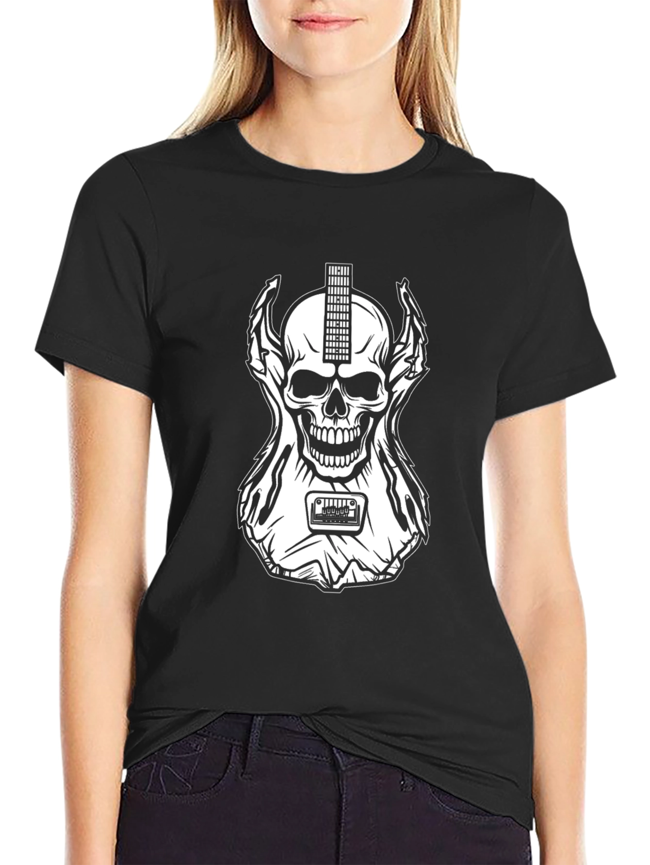 Black Skull Guitar Graphic T-Shirt - Rocker Style view 2