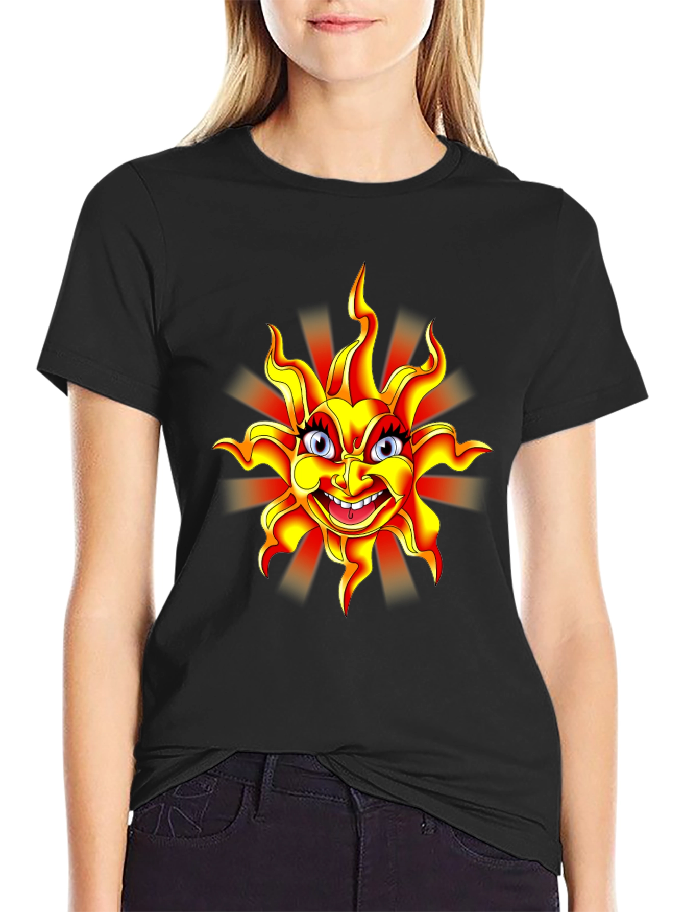 Black Cartoon Sun Graphic Black T-Shirt view 2