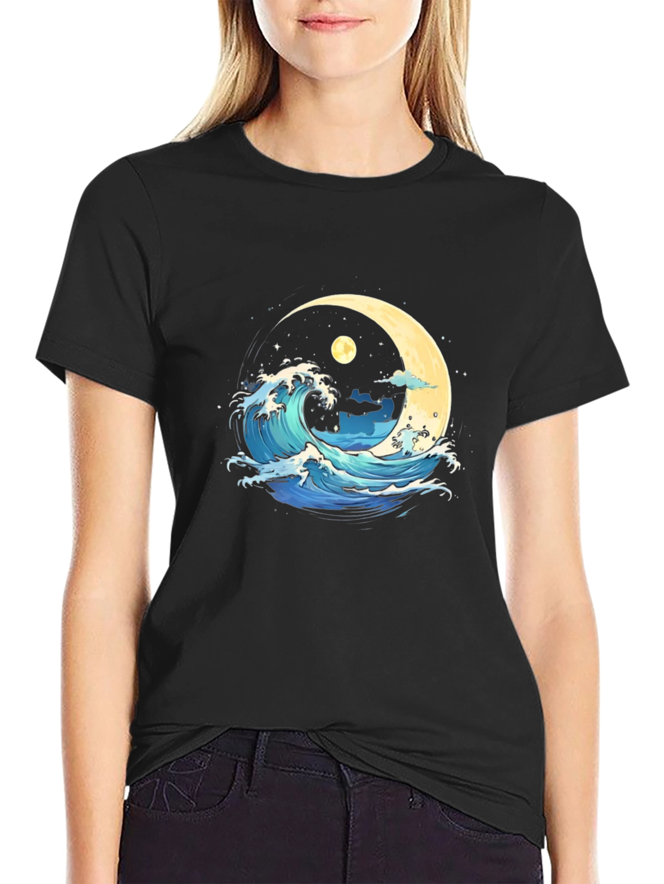 Black Ocean Wave Moon Graphic Black T-Shirt view 2