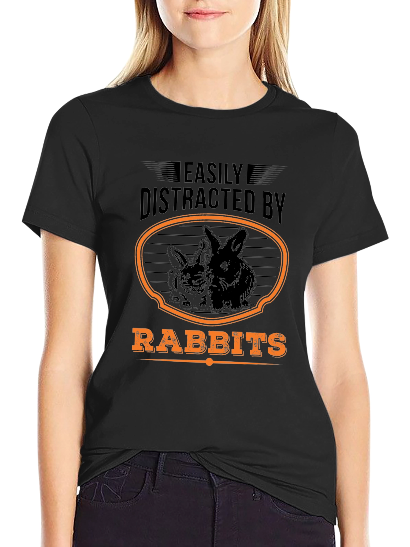Black Easily Distracted By Rabbits T-Shirt view 2