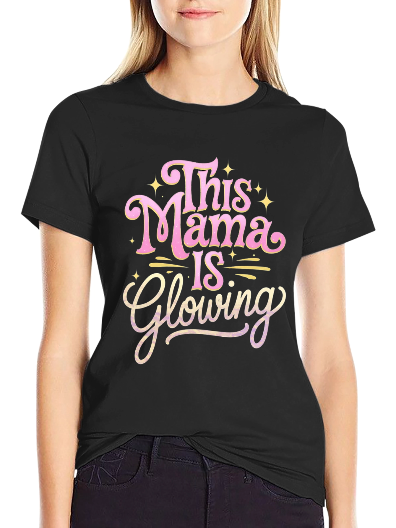 Black This Mama is Glowing T-Shirt view 2