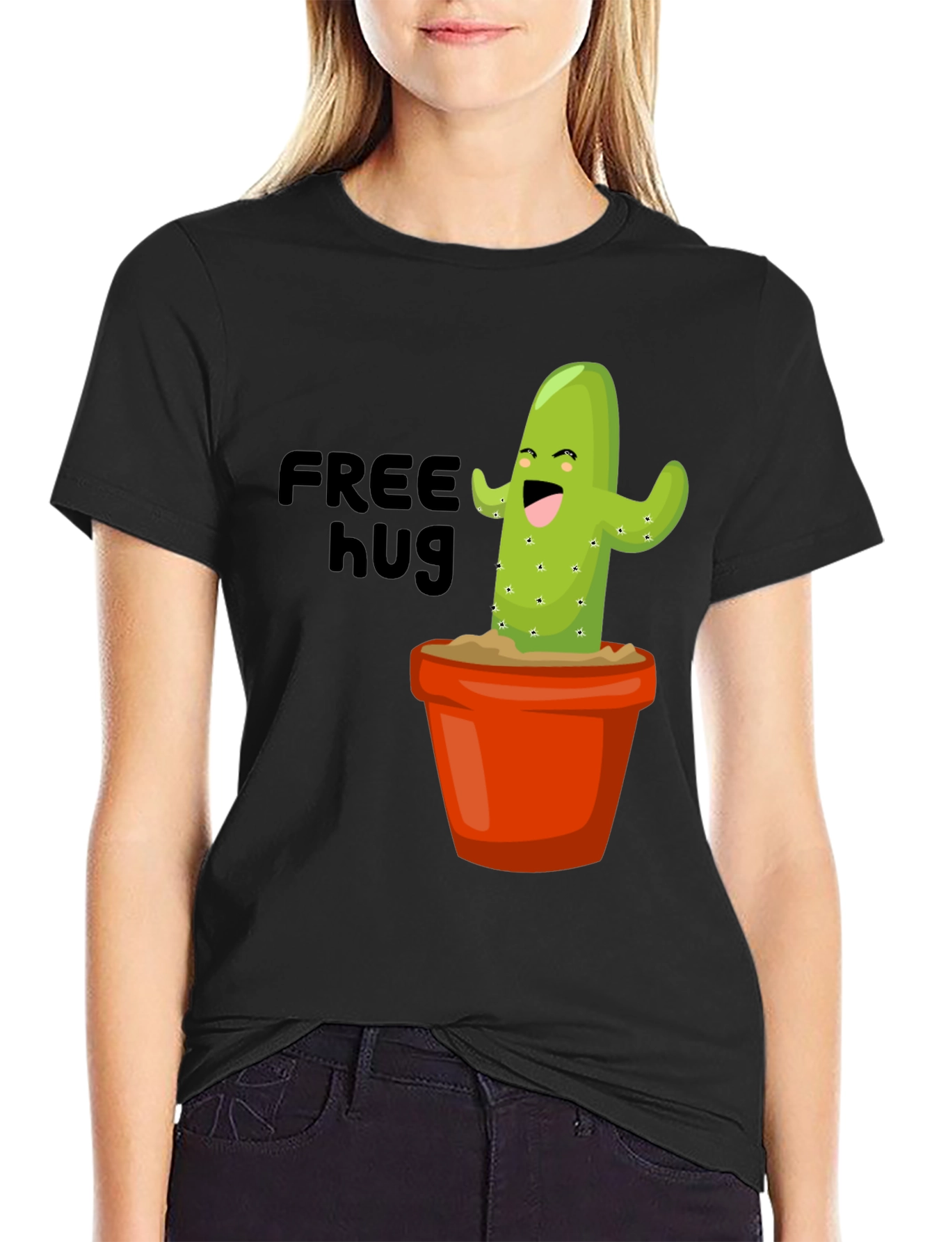 Black Funny Cactus T-Shirt - Free Hugs Graphic Tee view 2