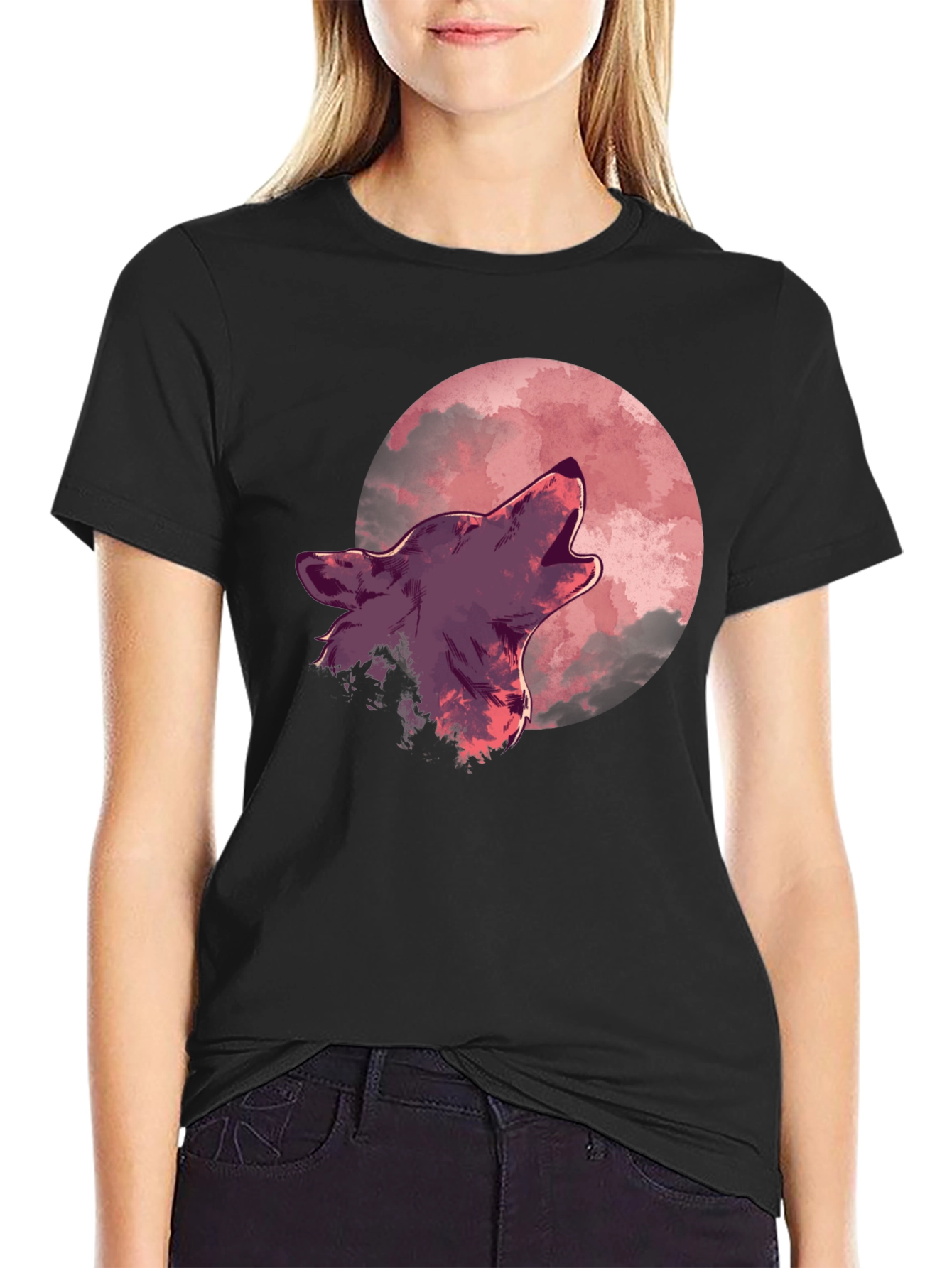 Black Wolf Howling at Moon Graphic Tee view 2