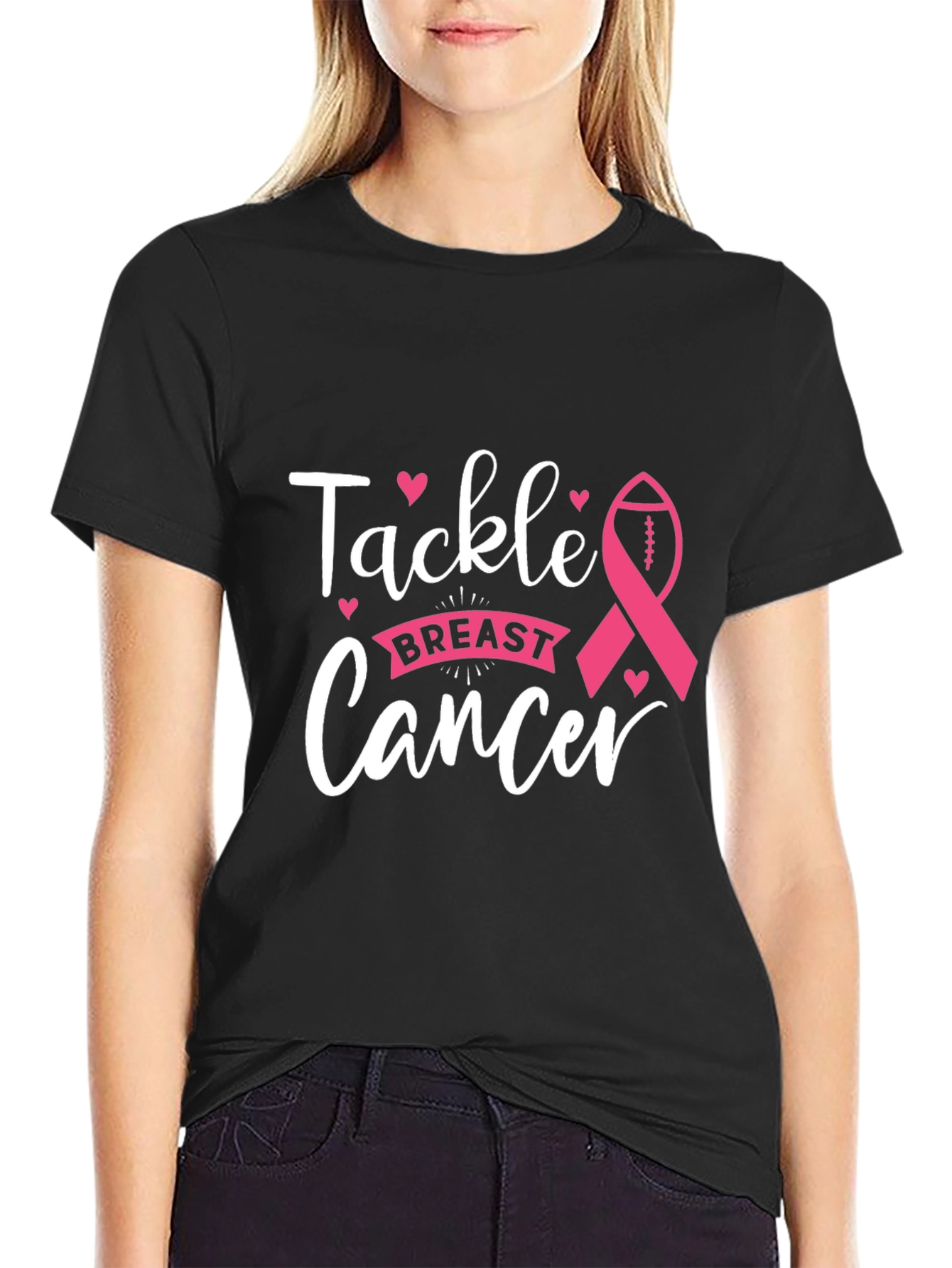 Black Tackle Breast Cancer T-Shirt, Awareness Ribbon Football Tee view 2