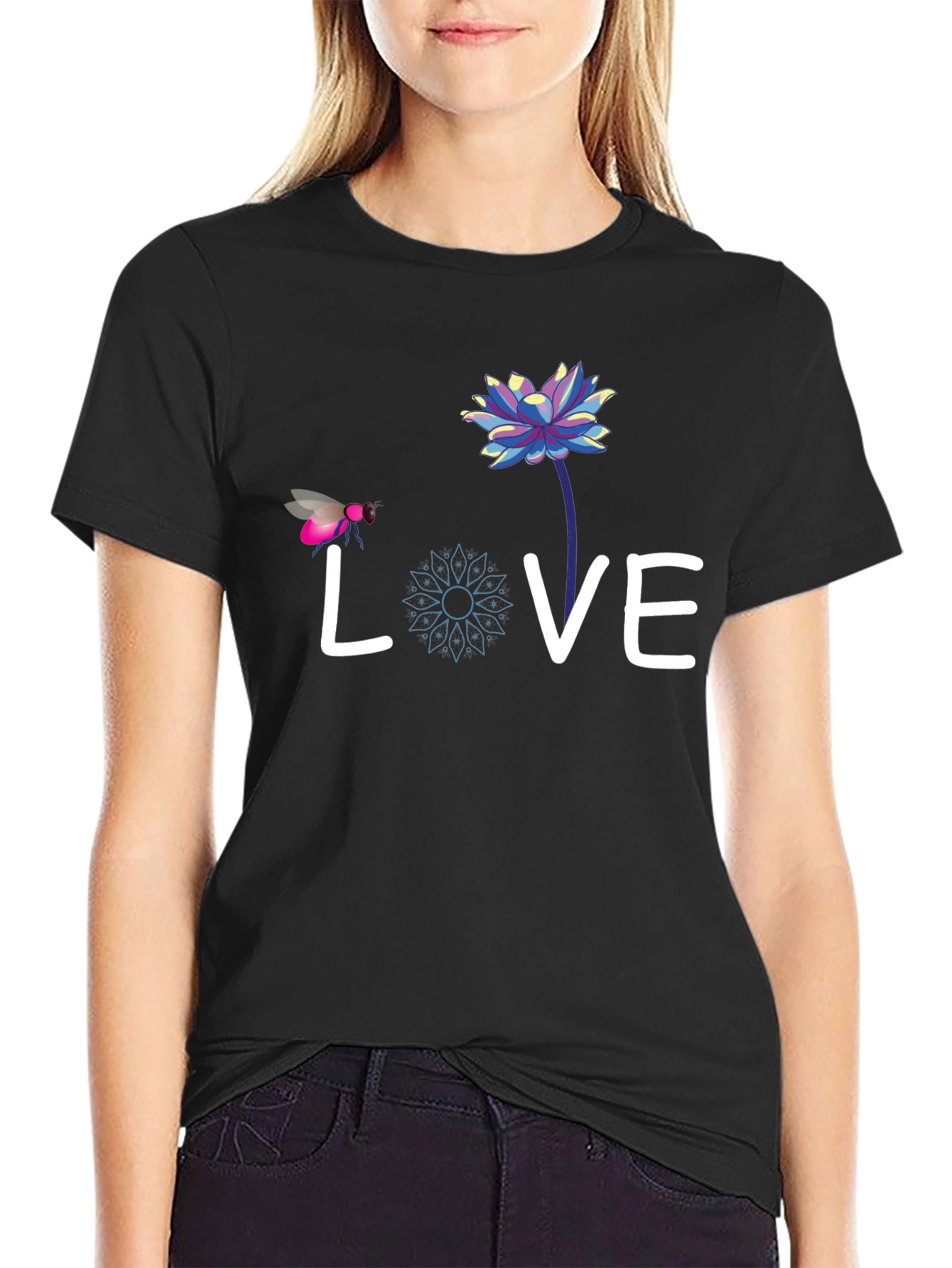 Black Love Bee Lotus Graphic Tee - Black Cotton view 2