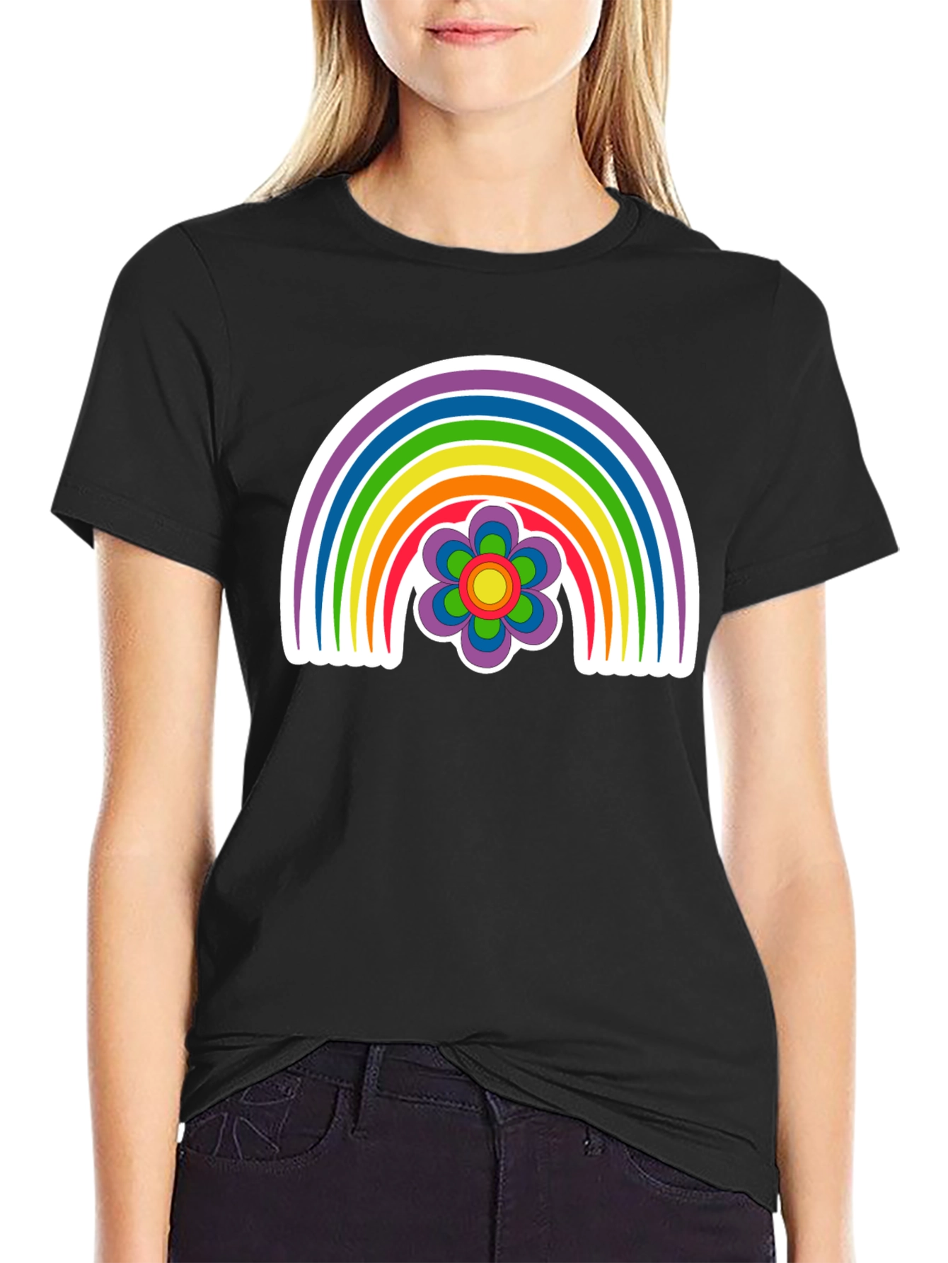 Black Retro Rainbow Flower Graphic Tee - Black view 2