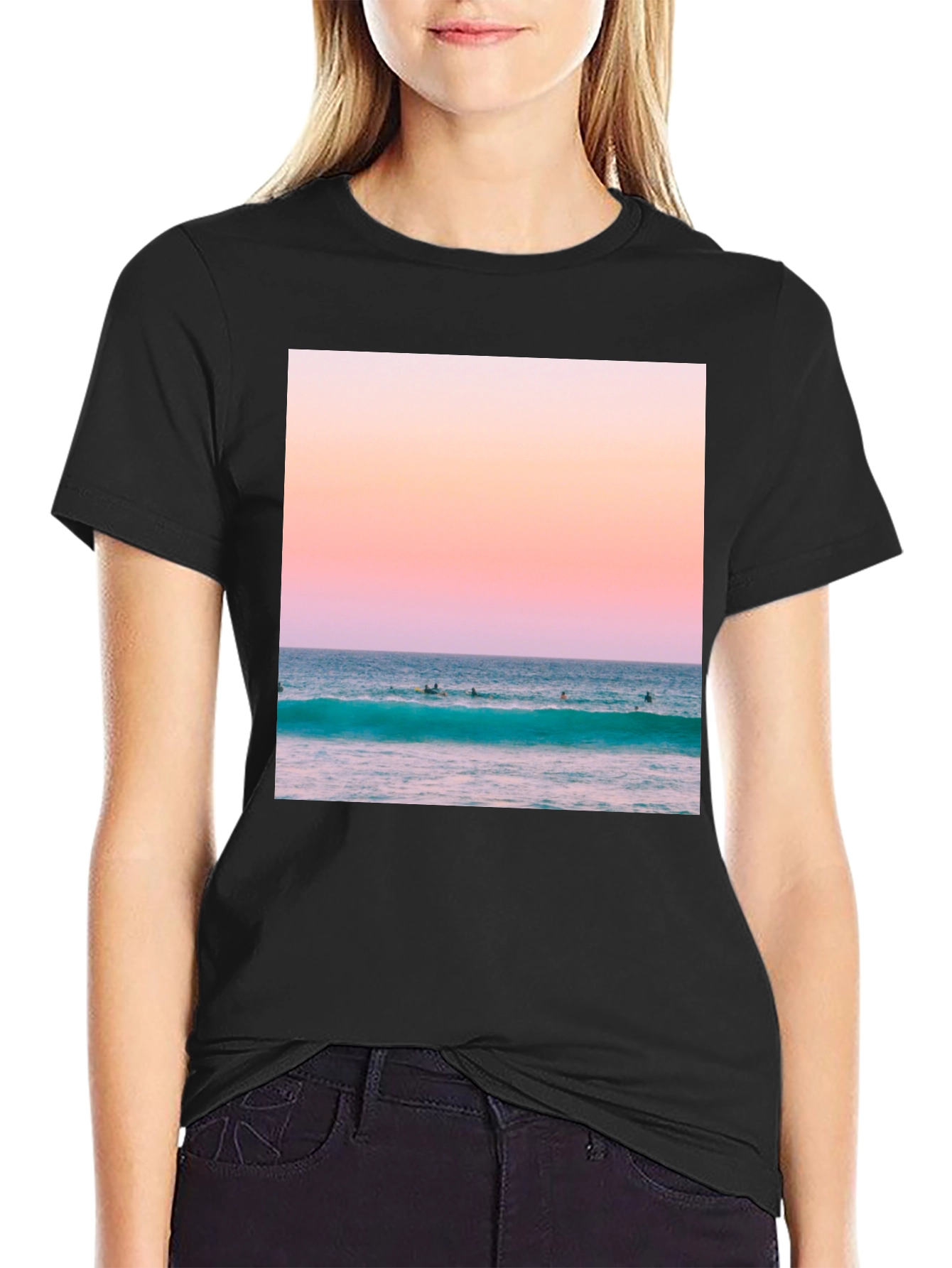 Black Sunset Ocean Wave Graphic T-Shirt view 2