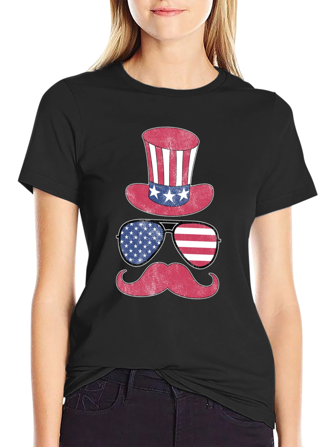 Black Patriotic Hat Glasses Mustache Men's T-Shirt view 2