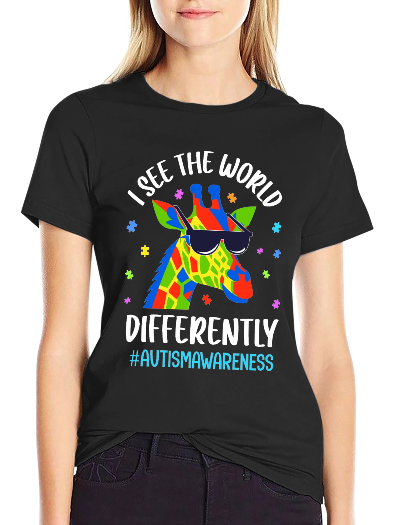 Black Autism Awareness Giraffe T-Shirt  view 2