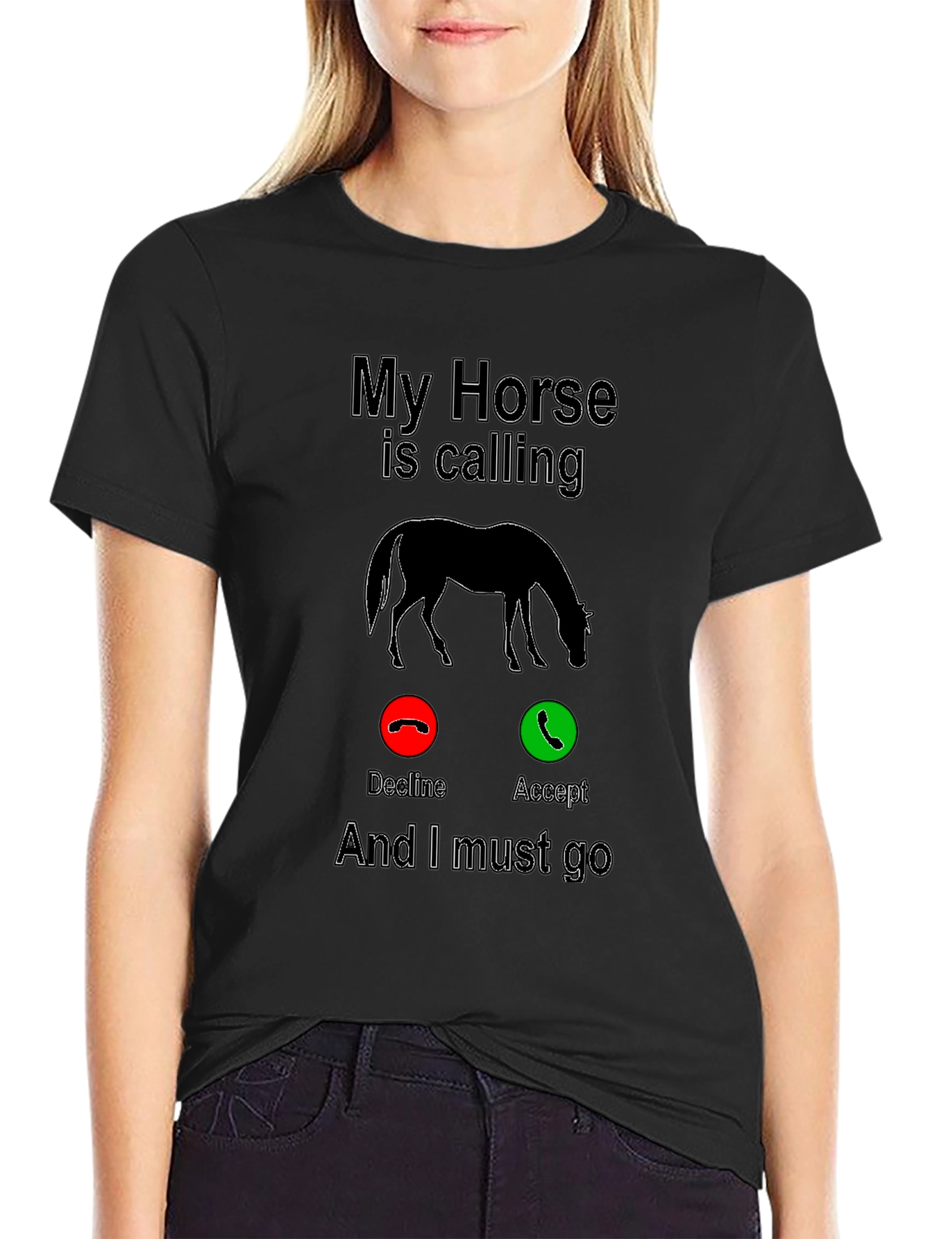 Black My Horse is Calling Funny Graphic T-Shirt view 2