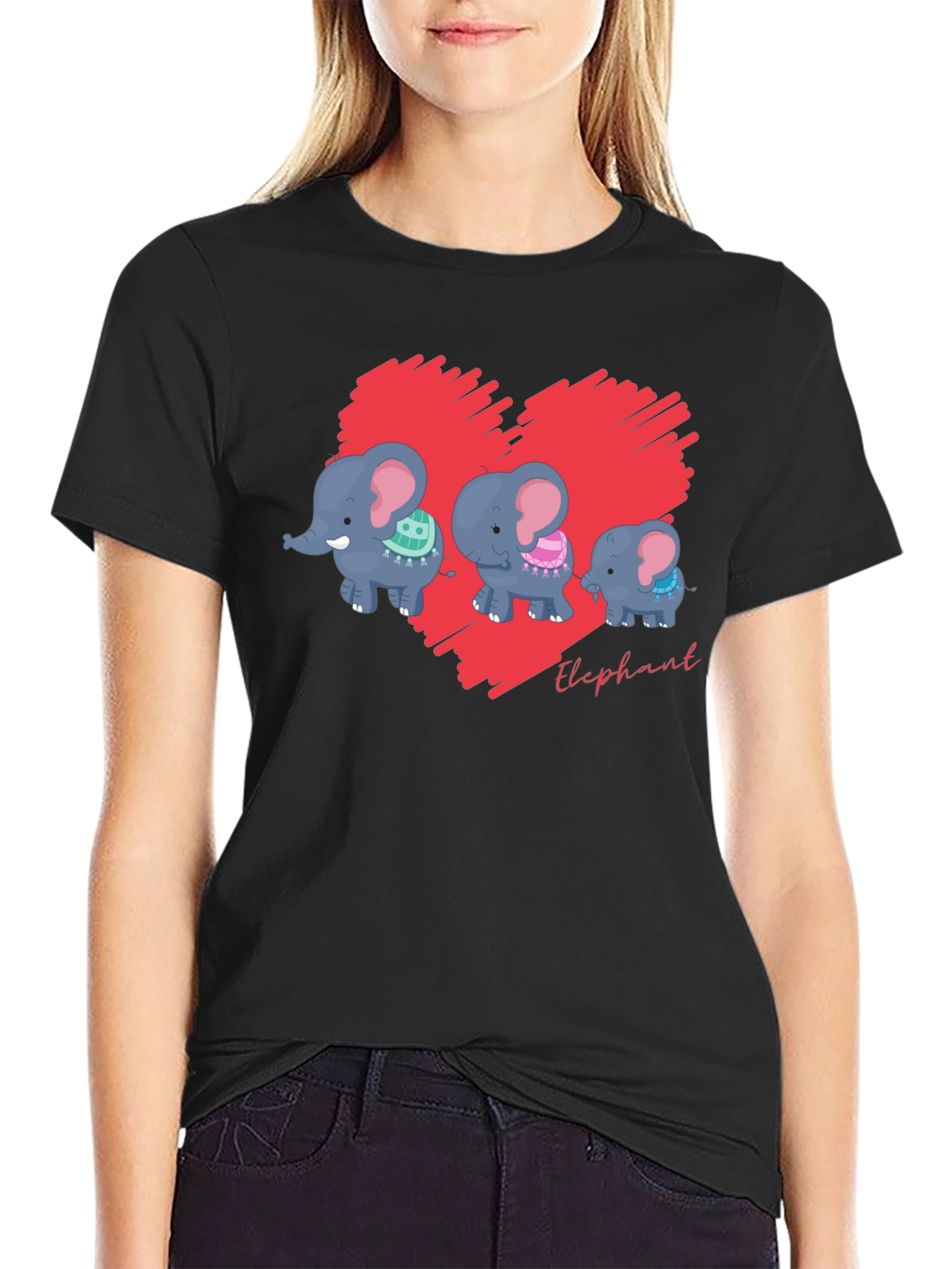 Black Elephant Family Heart Graphic Black T-Shirt view 2