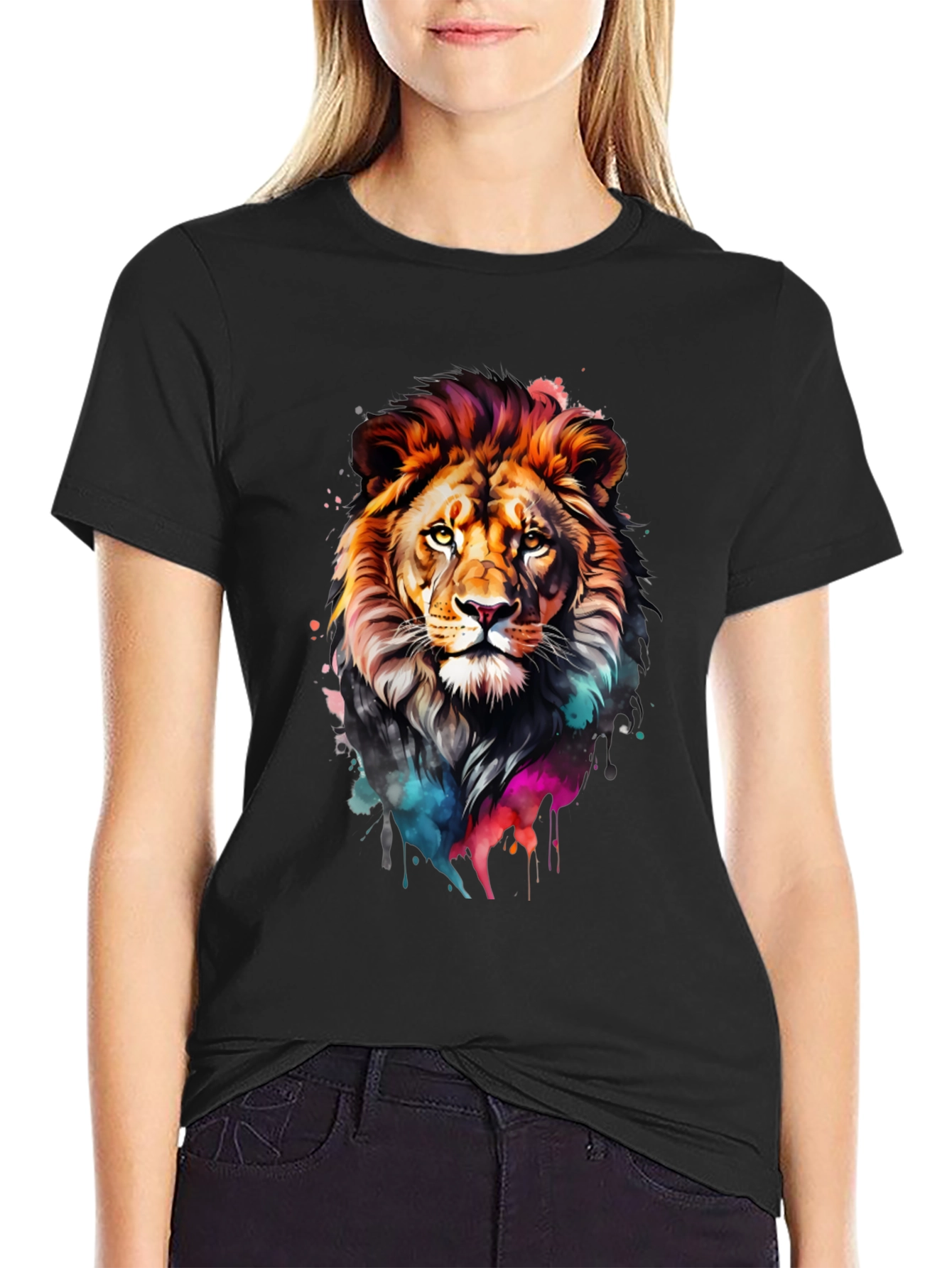 Black Vibrant Lion Graphic Black T-Shirt view 2