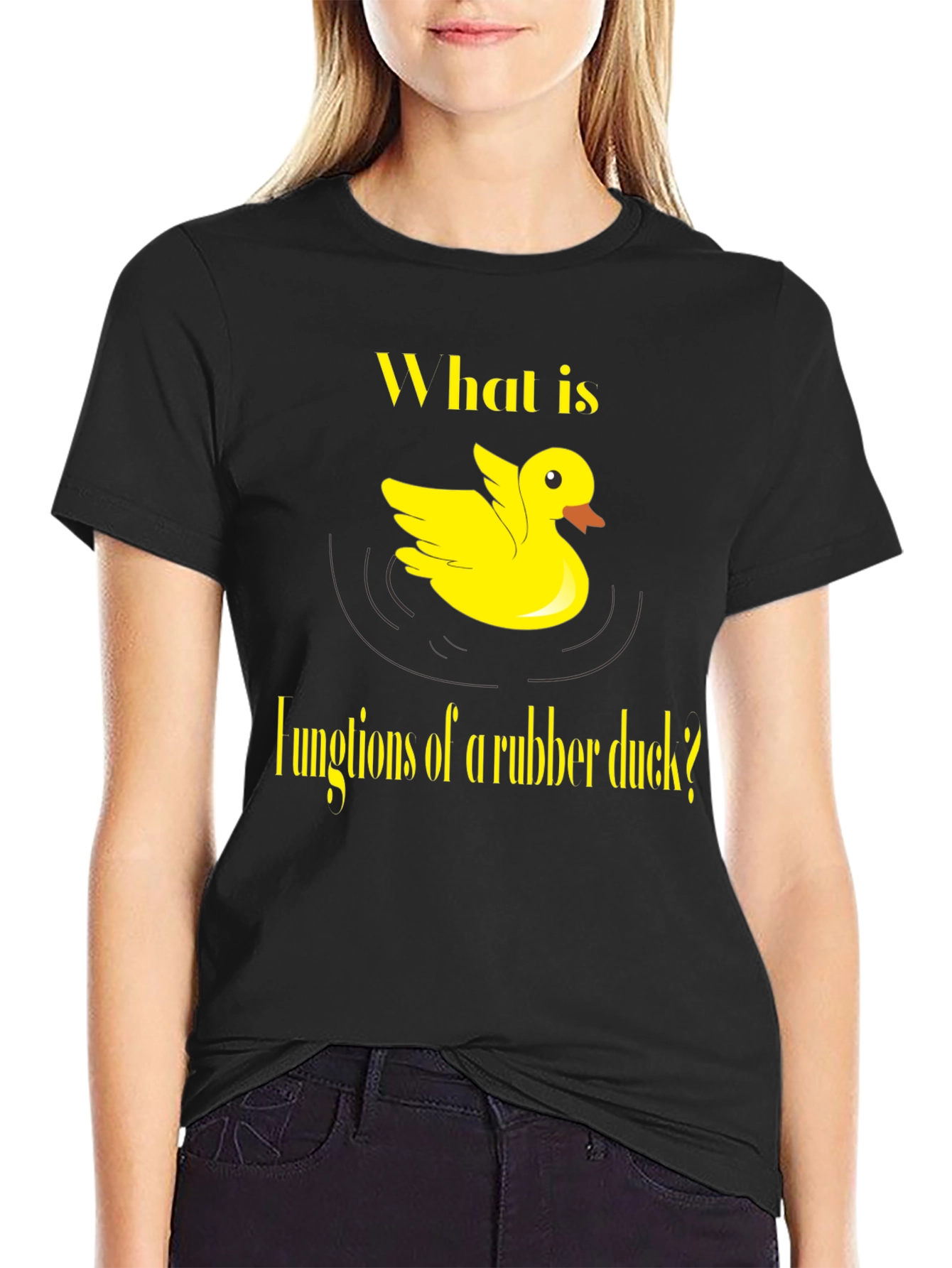 Black Rubber Duck Functions T-Shirt - Quirky Yellow Duck Design view 2