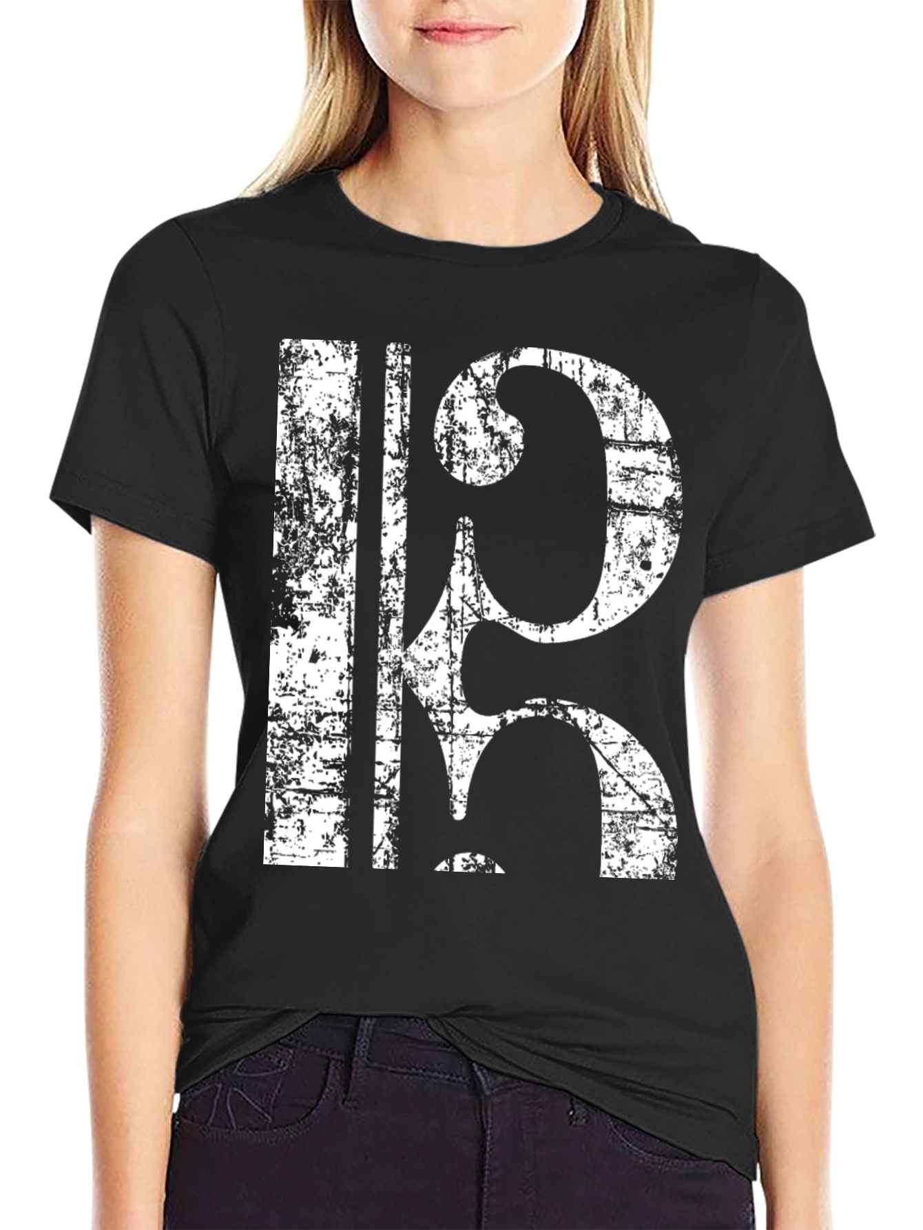 Black Vintage Bass Clef T-Shirt - Musical Style Tee view 2