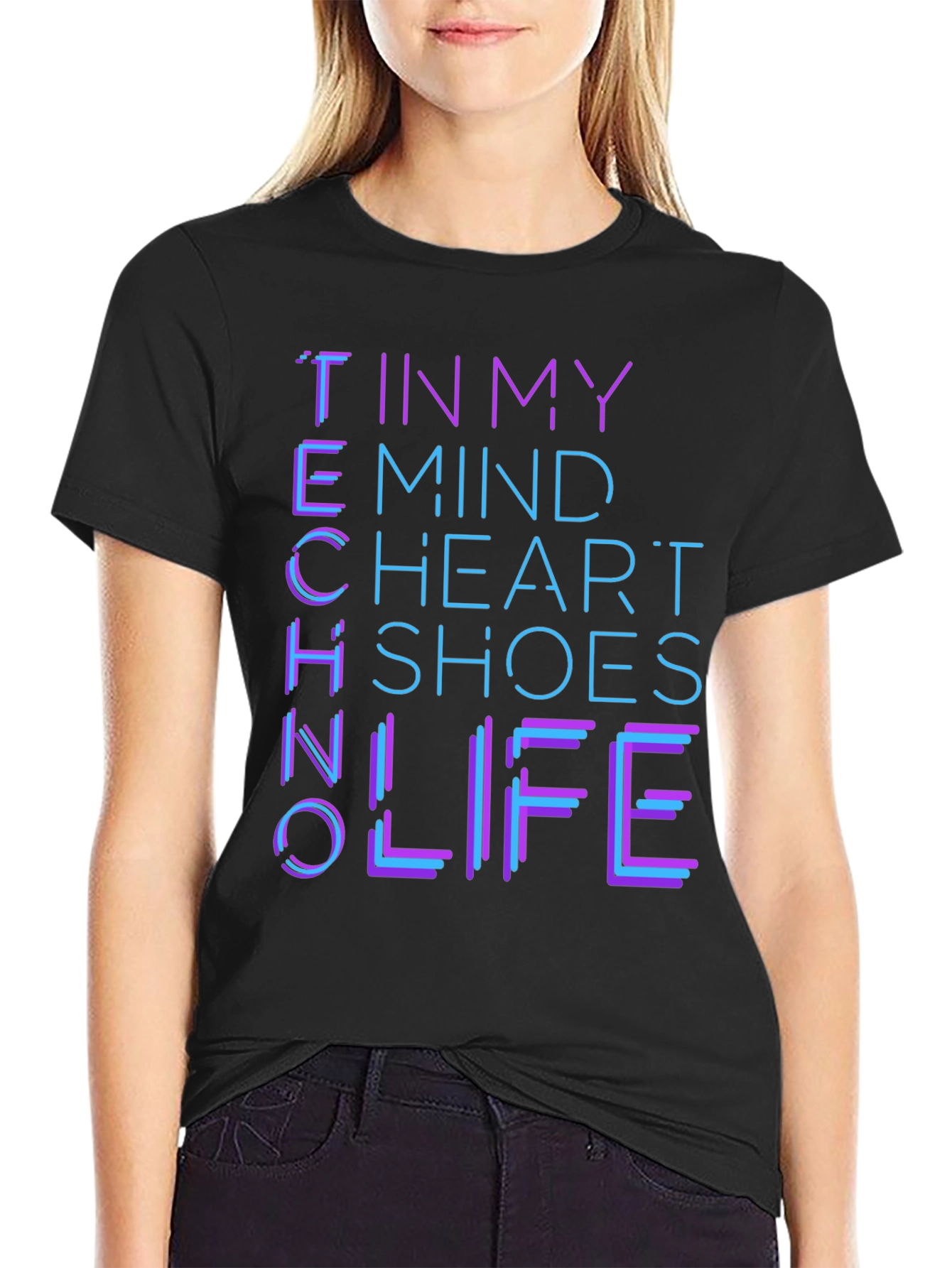 Black Techno Mind Heart Shoes Life Graphic Tee - Black view 2