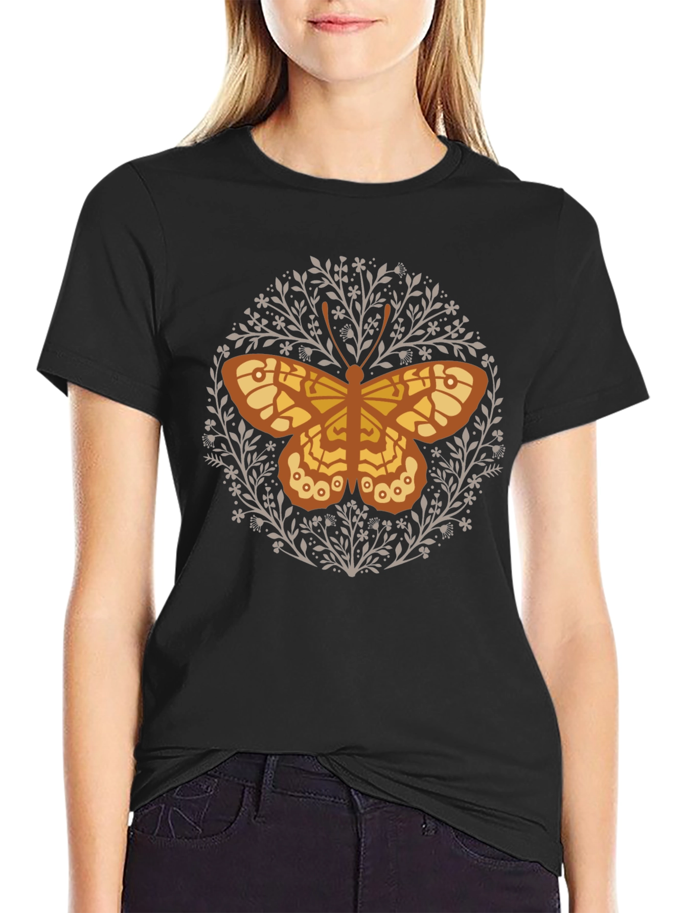 Black Butterfly Floral Graphic Tee - Black Cotton T-Shirt view 2
