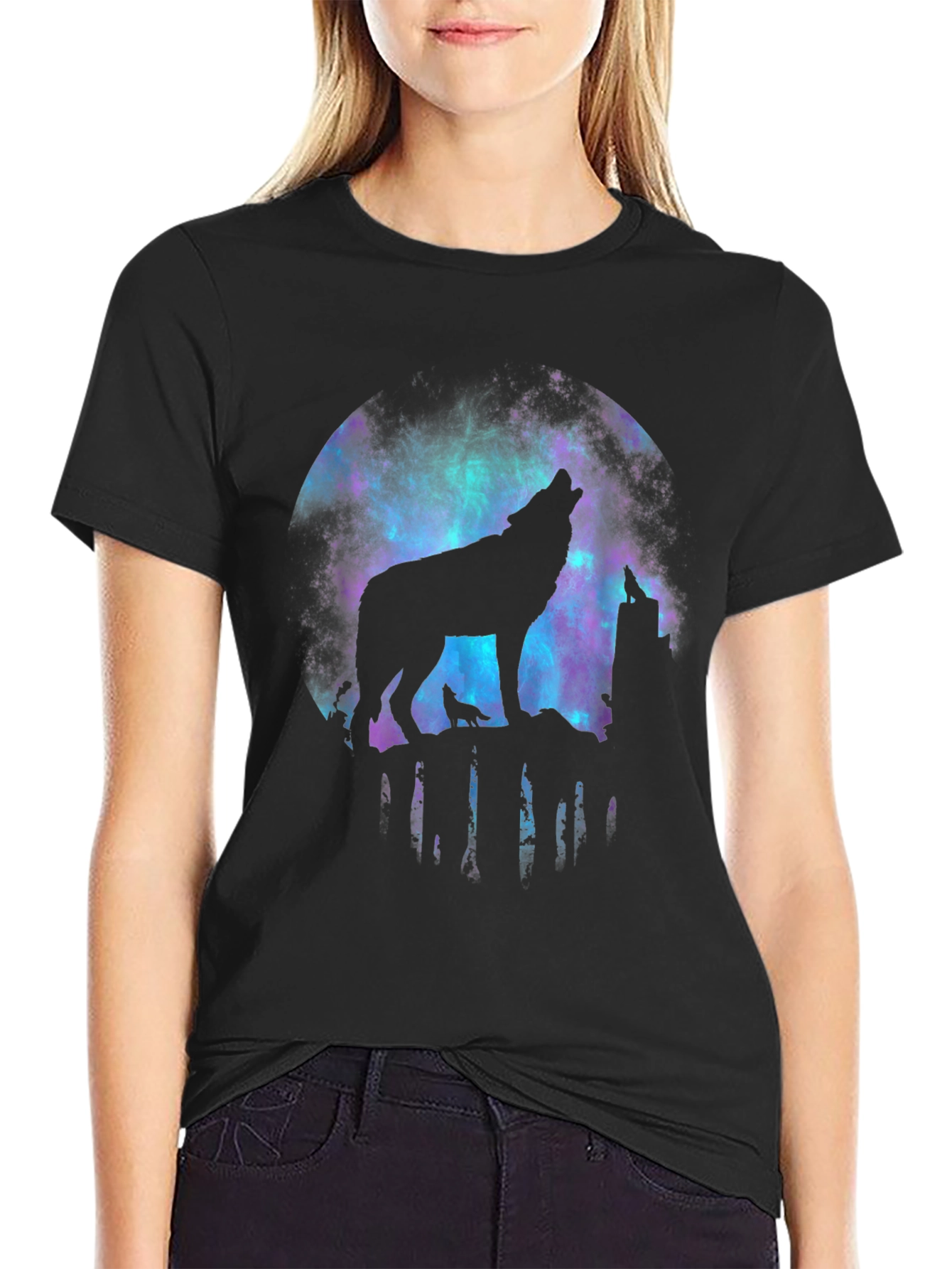 Black Wolf Howling Galaxy Graphic Tee - Black view 2