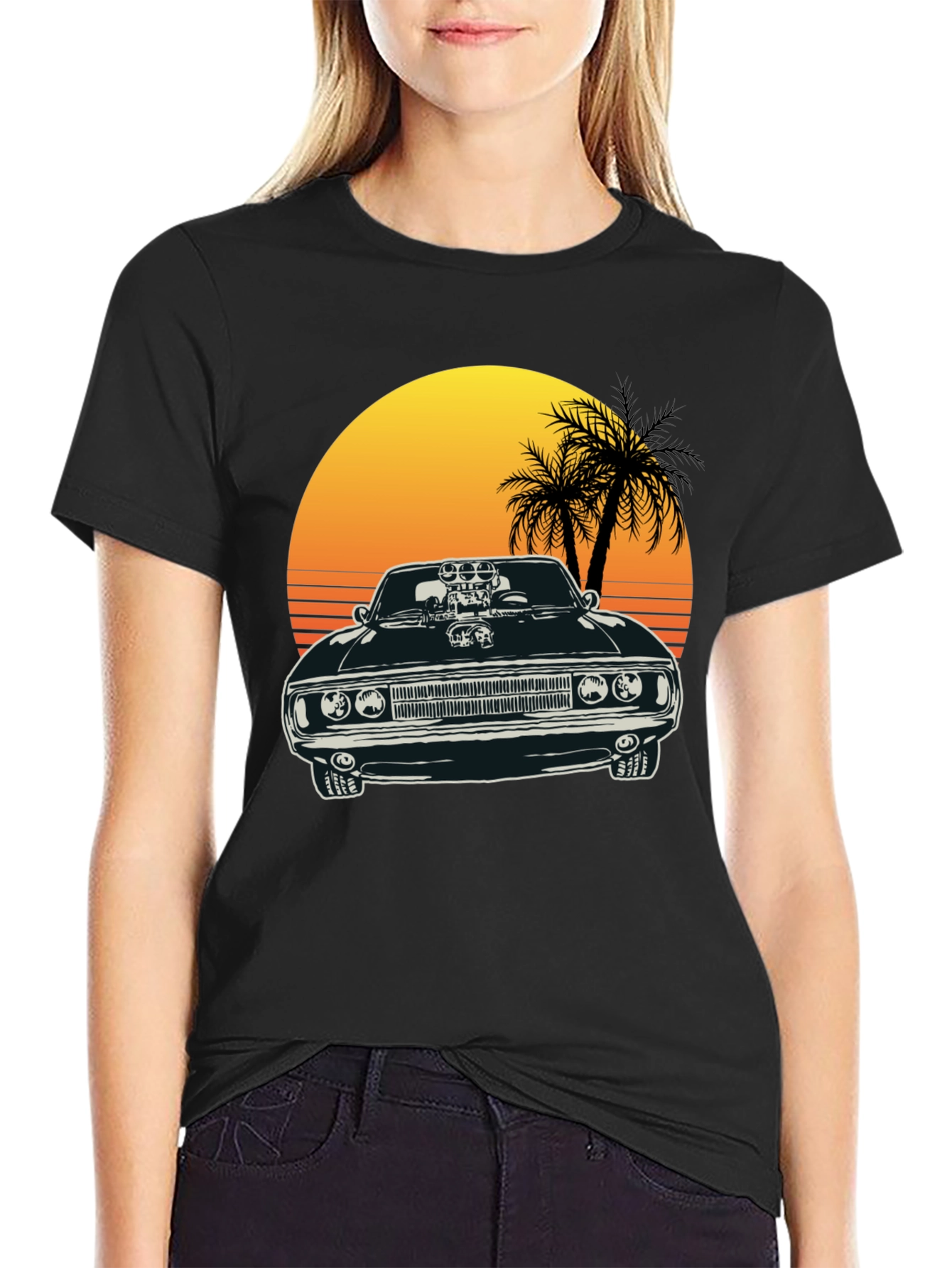 Black Muscle Car Sunset T-Shirt view 2