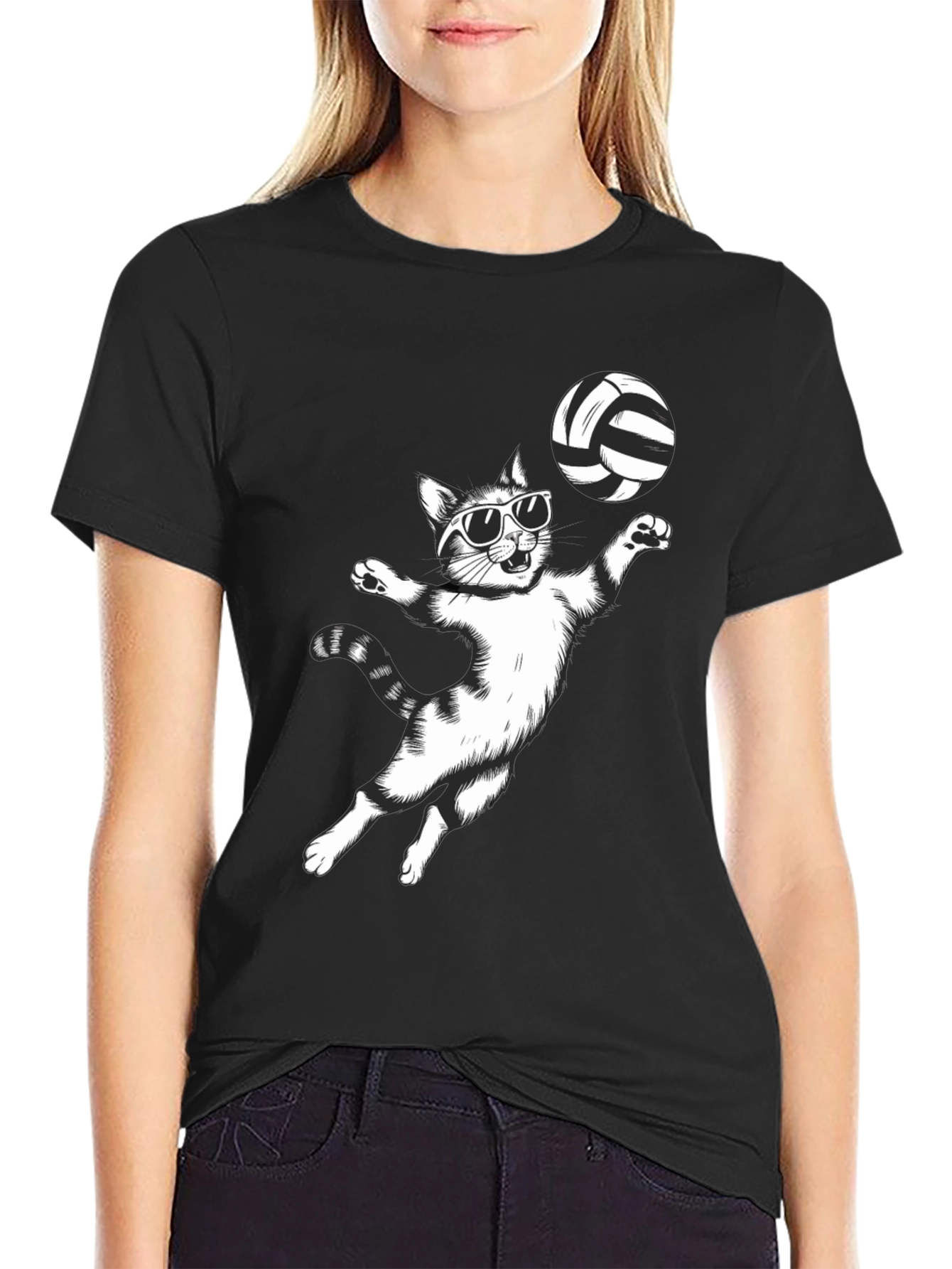 Black Volleyball Cat Graphic Tee - Funny T-Shirt view 2