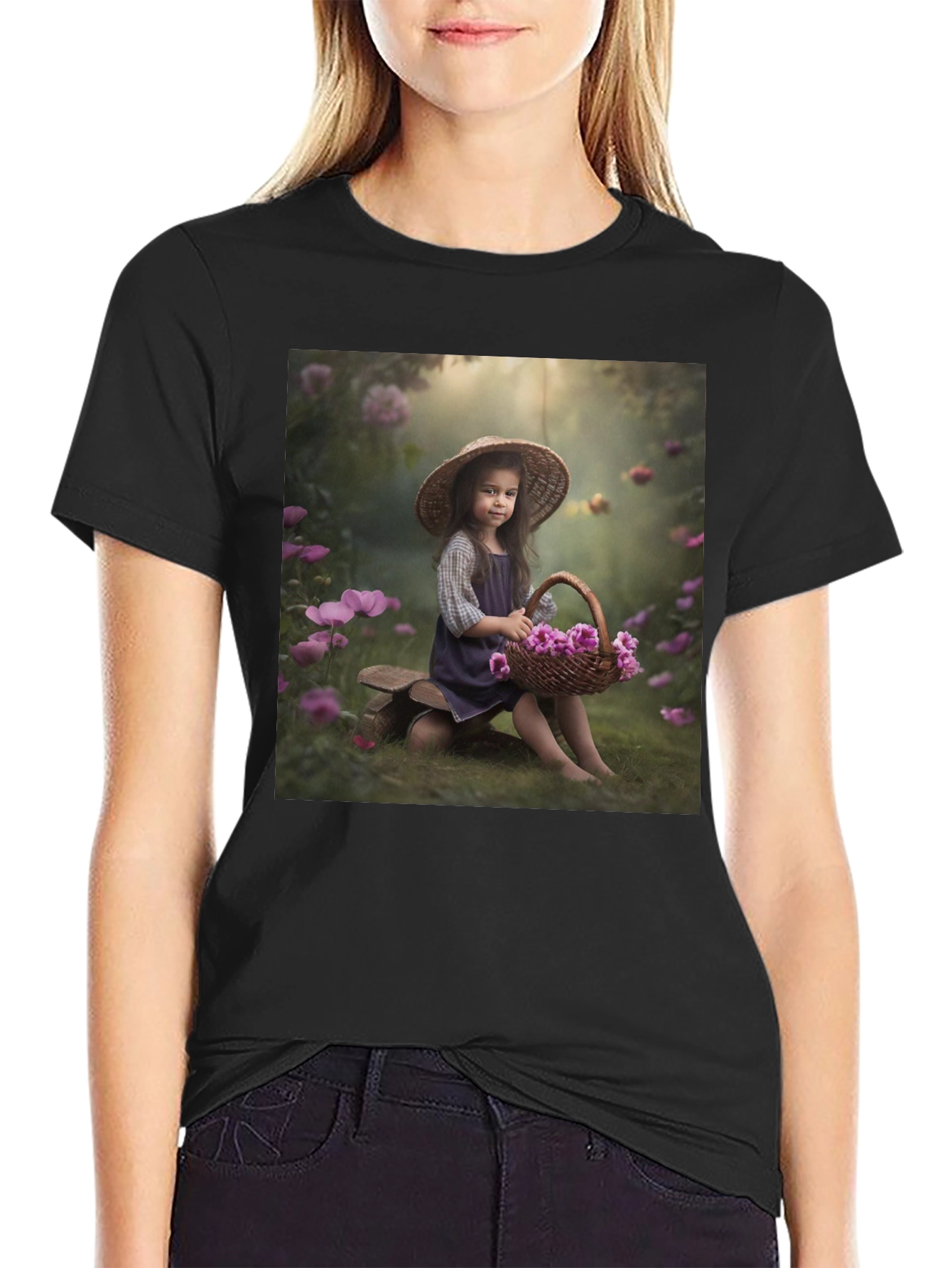 Black Charming Girl with Flowers T-Shirt view 2