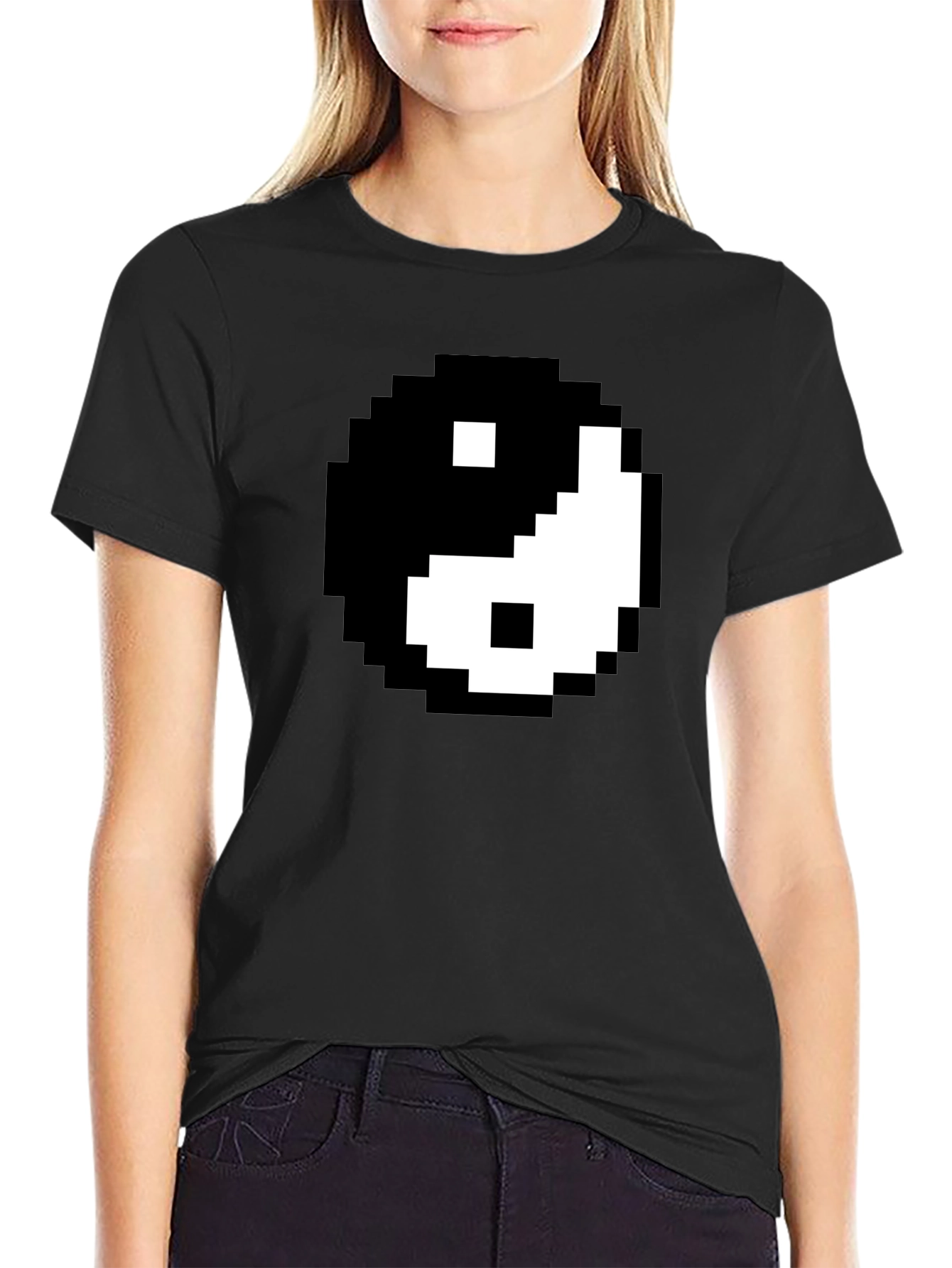 Black Pixel Yin Yang Graphic Tee - Black Cotton Blend Shirt view 2