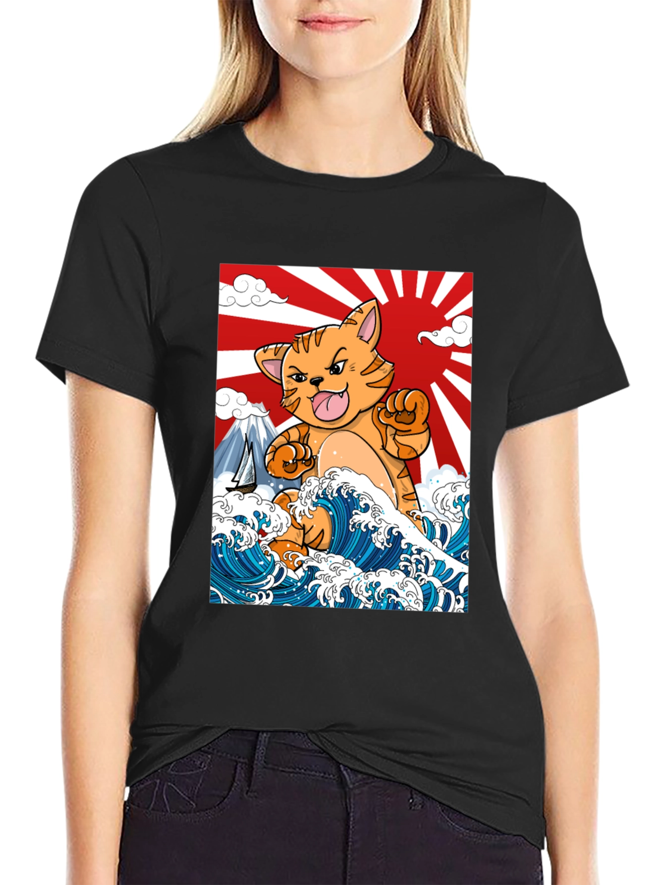 Black Kaiju Cat T-Shirt - Japanese Wave Art view 2