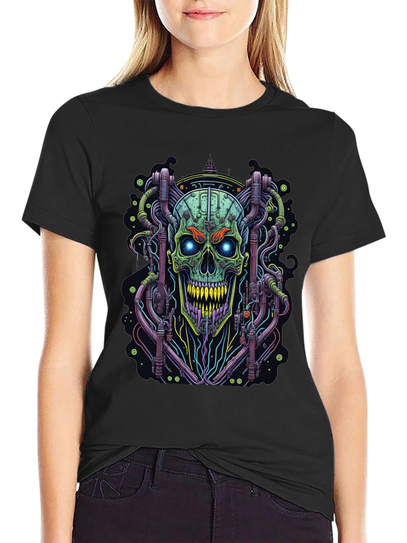 Black Cyberpunk Skull Graphic Tee - Edgy Design view 2