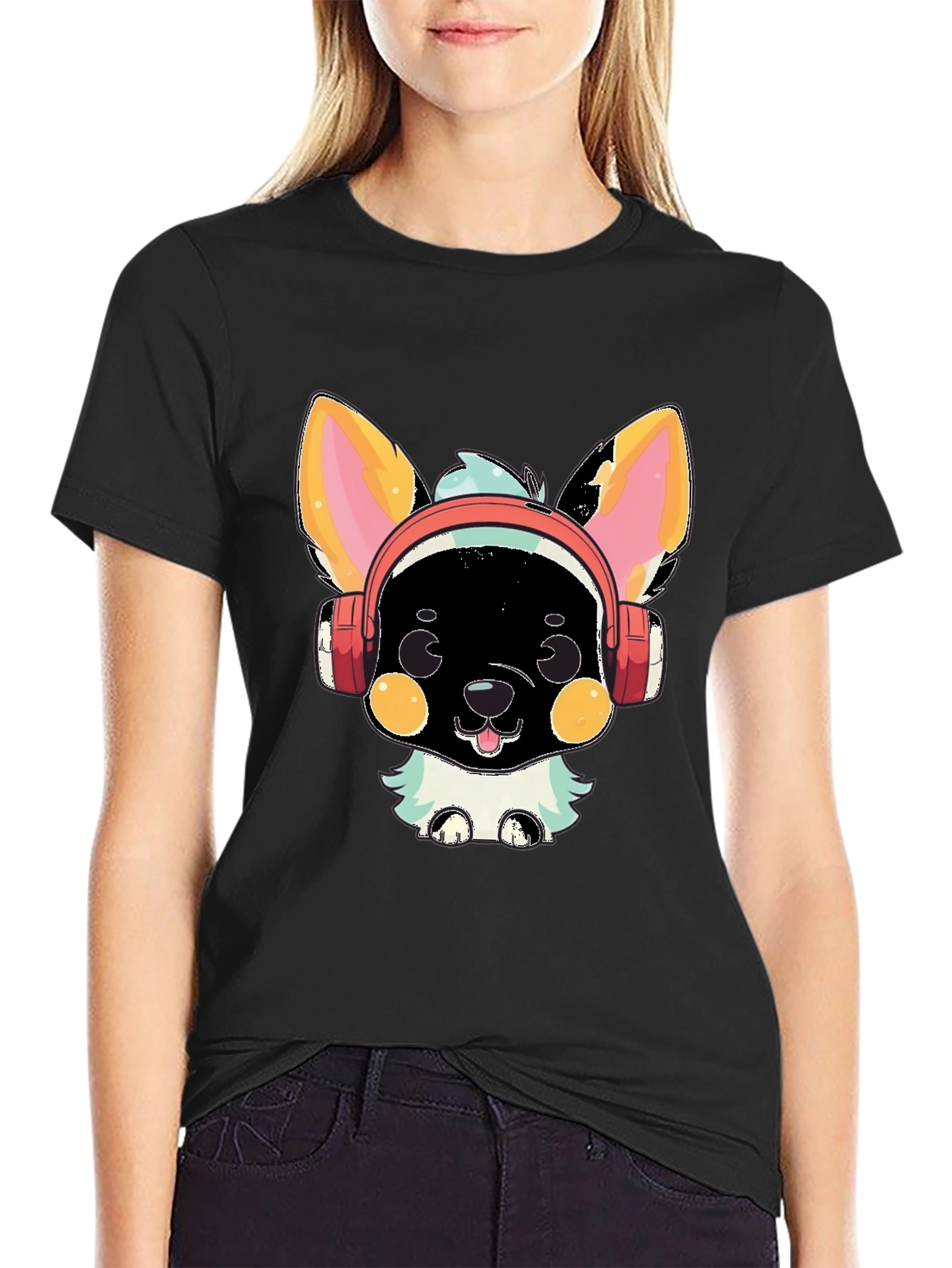 Black Cute Cartoon Animal with Headphones Graphic T-Shirt view 2